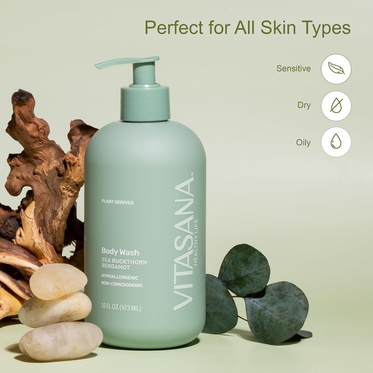 Natural Body Wash for Sensitive Skin, 16 oz – Sea Buckthorn & Bergamot Scent, 98.9% Plant‑Derived, EWG Verified, Hypoallergenic, Paraben‑Free, Sulfate‑Free, Cruelty‑Free