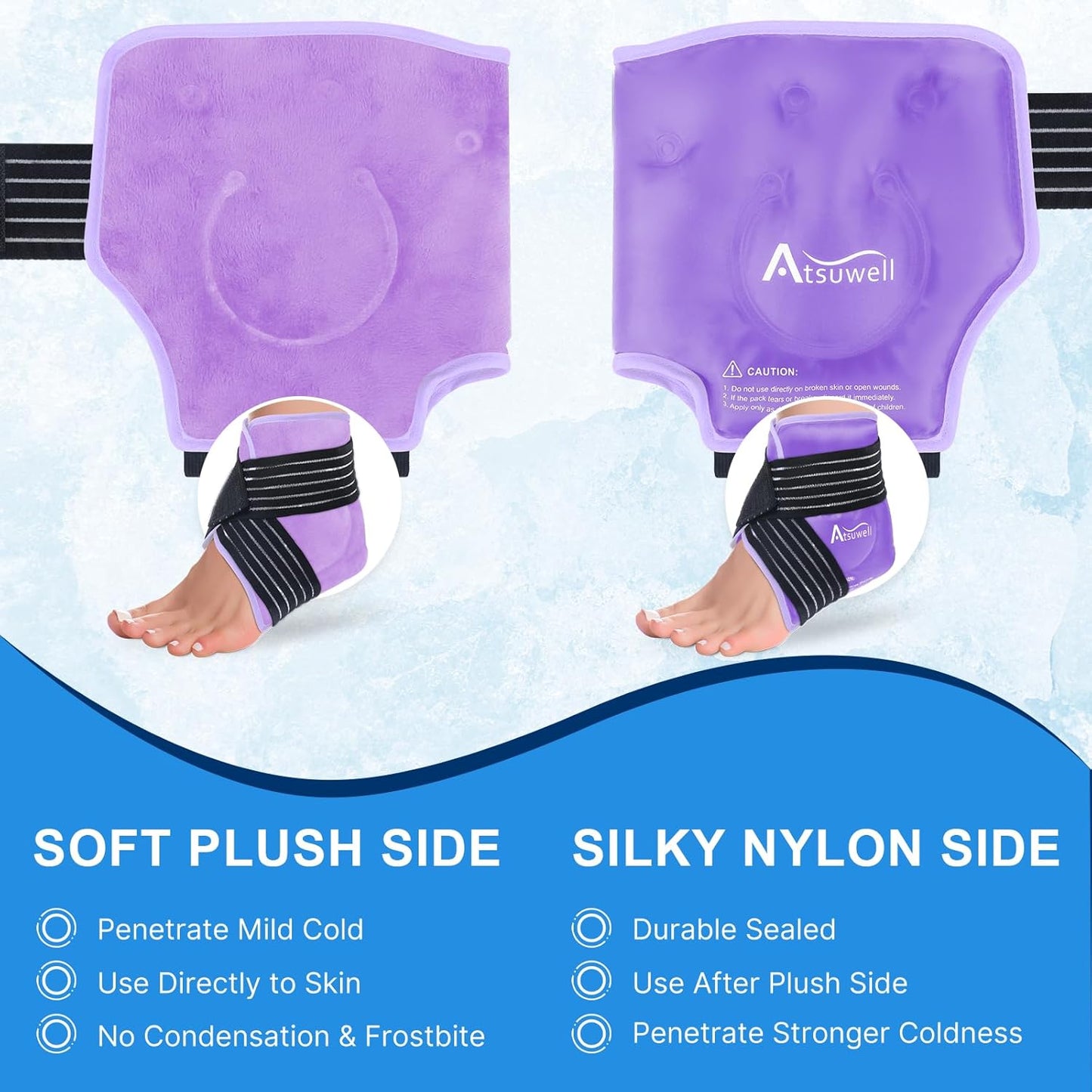 Atsuwell Ankle Ice Pack Wrap 2 Packs, Ankle Ice Wraps Flexible Gel Cold Pack for Foot Heel, Cold Compress Therapy for Soothing Discomfort, Purple