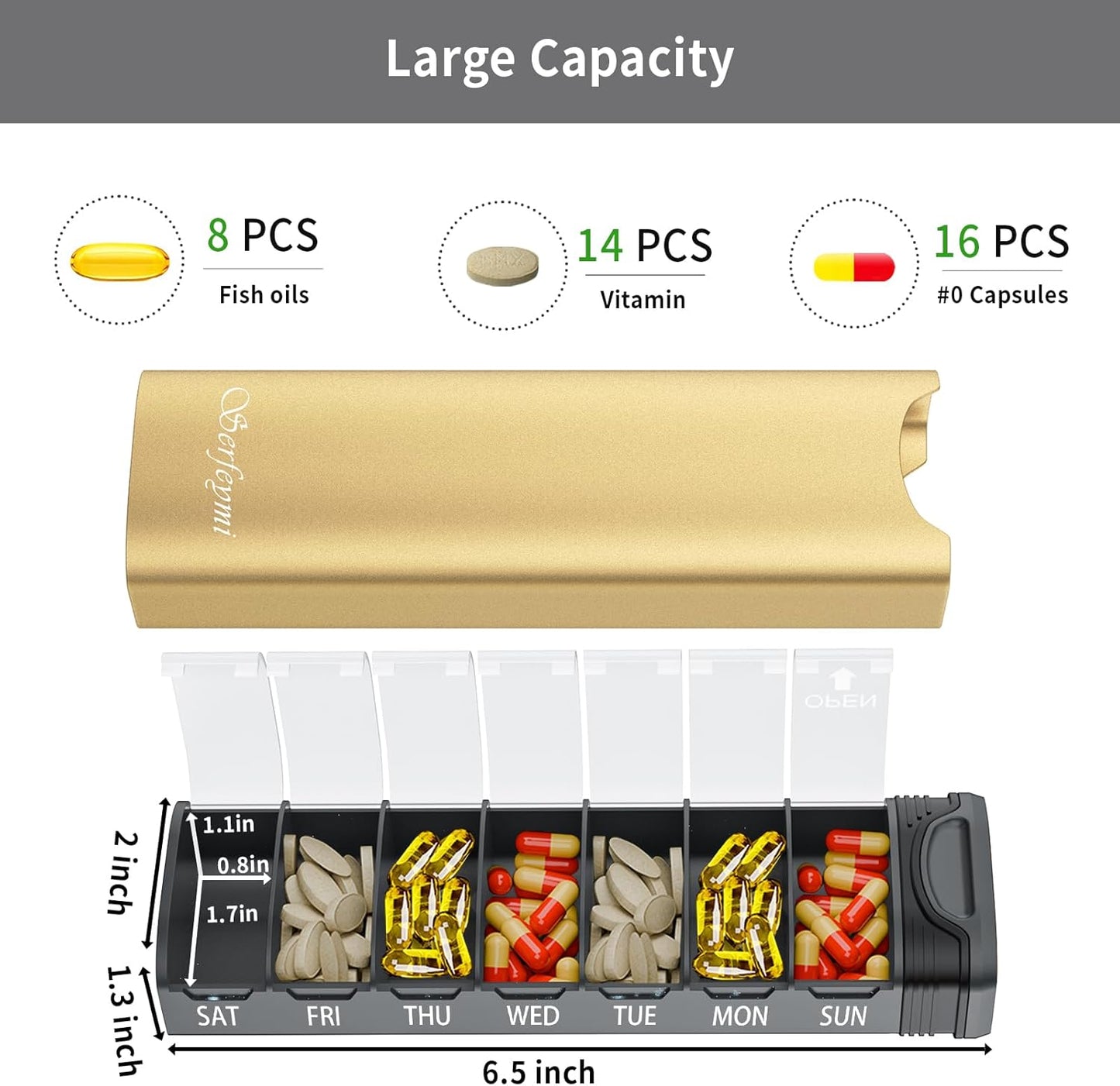 Metal Weekly Pill Organizer, Serfeymi Aluminum Daily Pill Box(Spare Gasket Provided),7 Day Pill Case Travel Medicine Organizer,Pill Containers with Individual Lid for Vitamins,Pills, Supplement-Gold