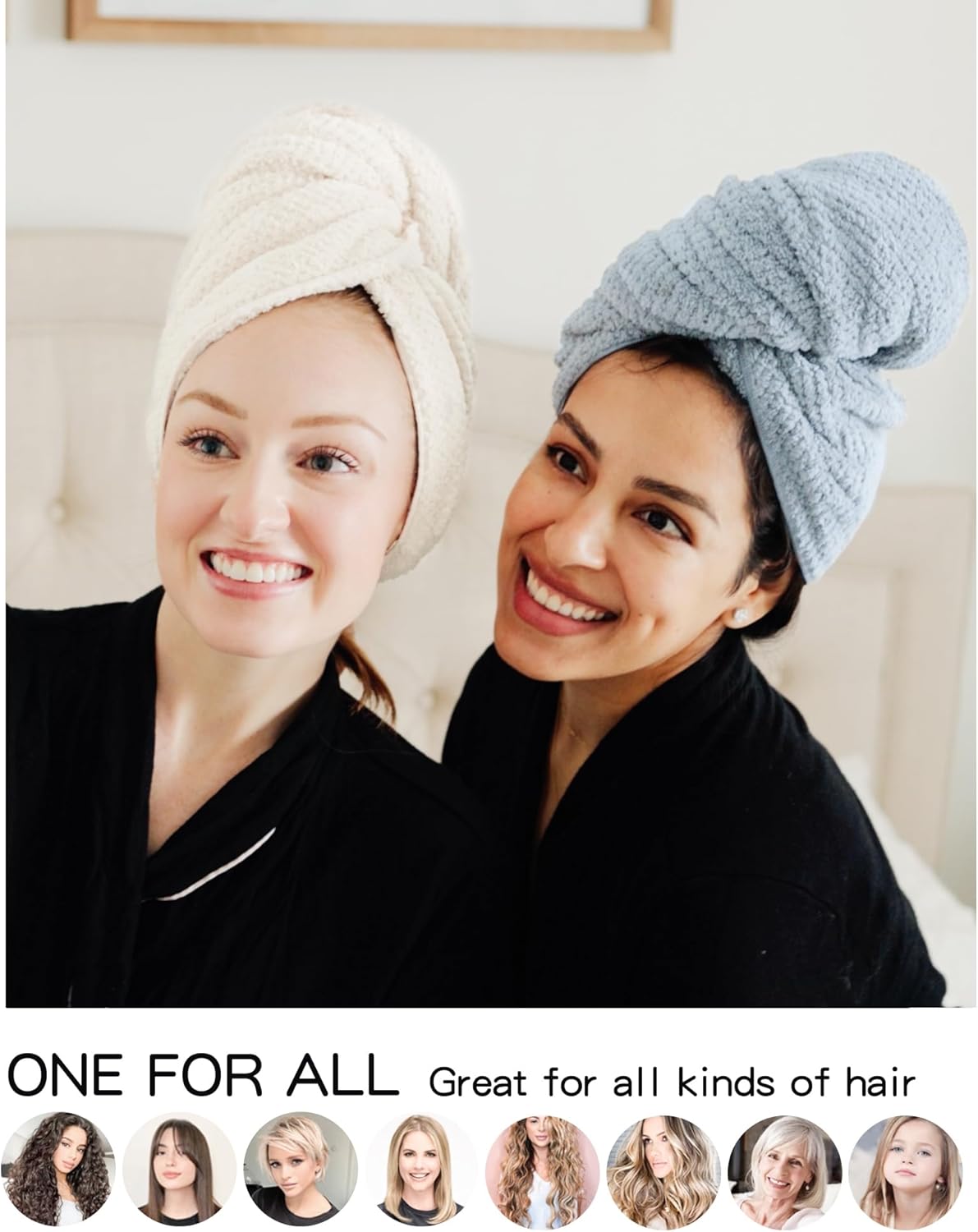 2 Packs Large Microfiber Hair Towels for Women, Super Absorbent & Quick Dry Hair Towel Wrap for Curly Hair Long & Short Hair- Anti-Frizz Hair Turbans for Wet Hair (Blue/White) - 27.5''*39.4''