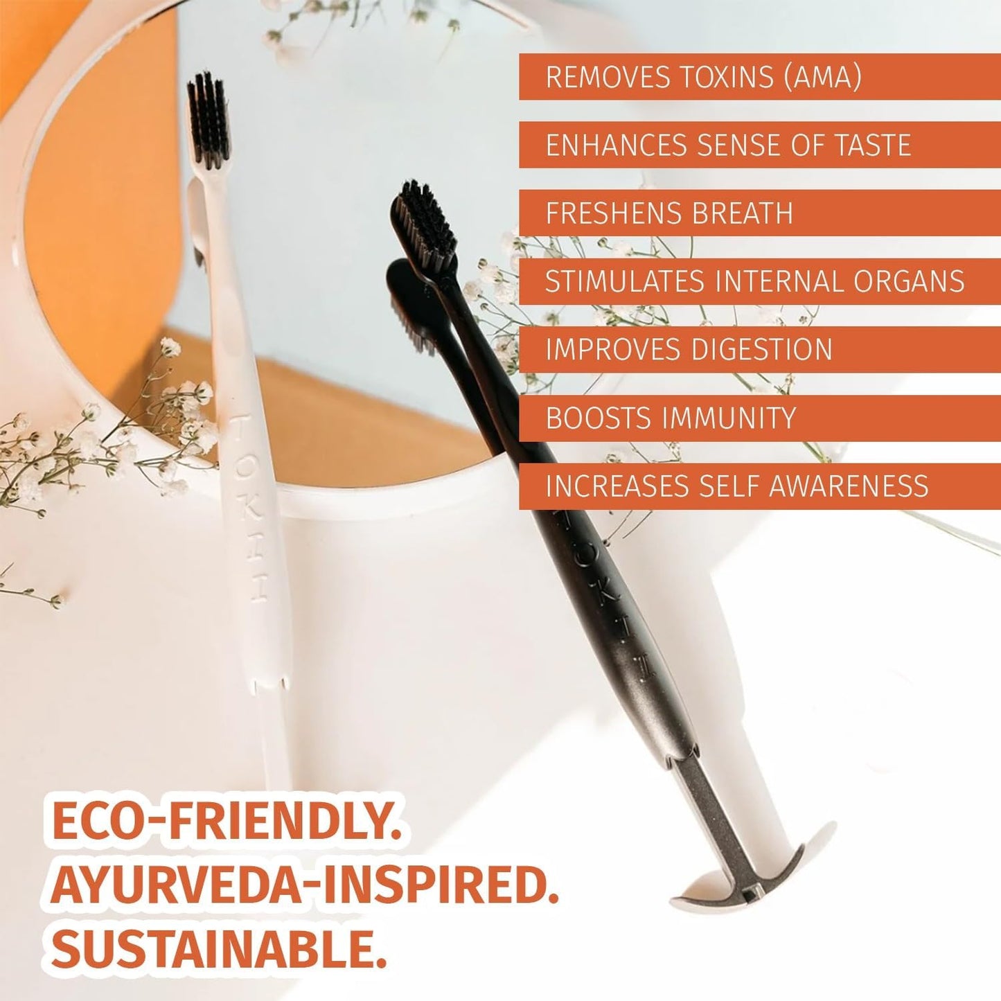 TOKII Tongue Scraper Cleaner Charcoal Bristles Toothbrush for Bad Breath with Waterproof Pouch for Travel, Hygienic Stand and Enviromentally Friendly (White, Pack of 2)