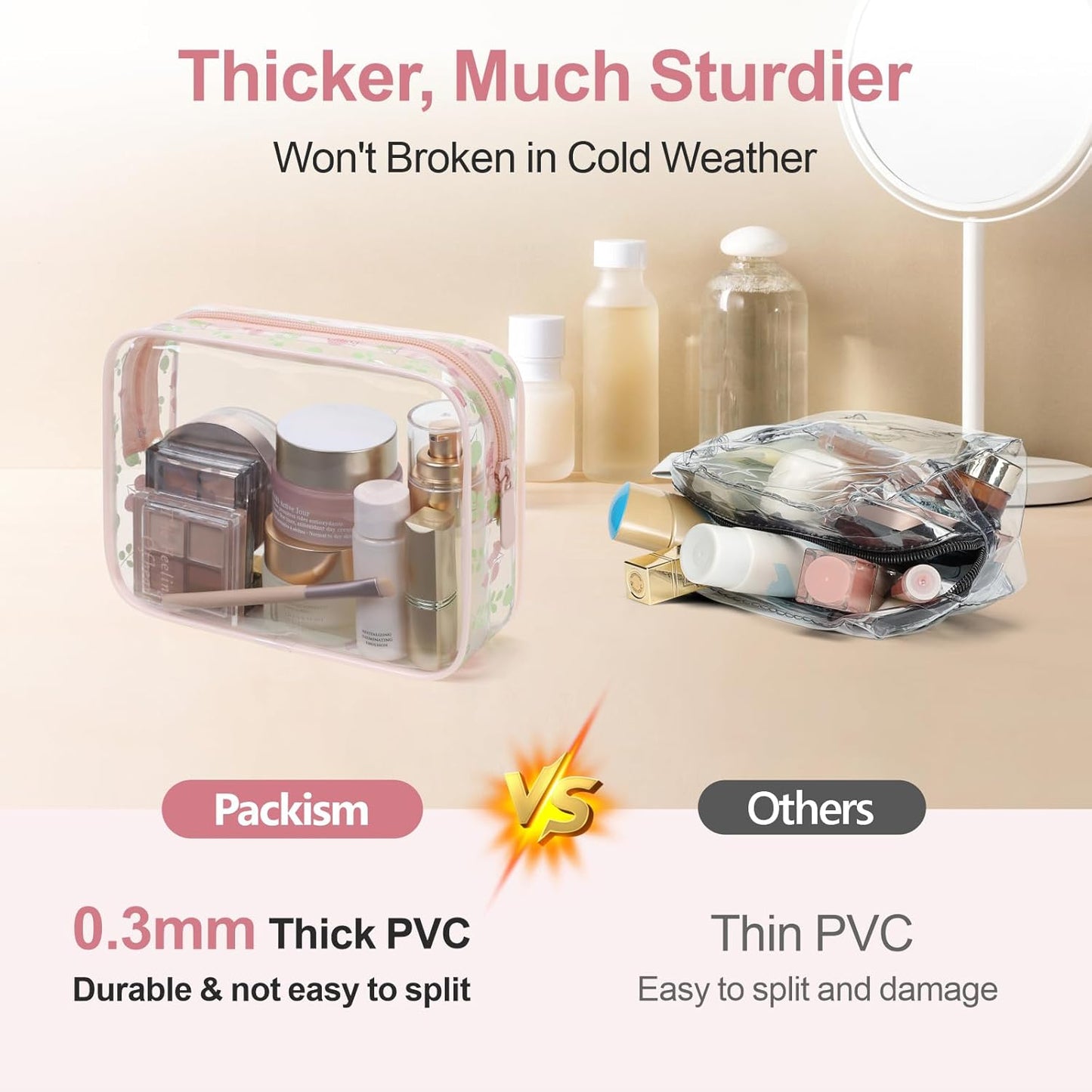 PACKISM TSA Approved Toiletry Bag - Pink Floral Print Clear Travel Bags, Suitable for Gifts, with Supporting Frame, Perfect for Travel Essentials, Thick No Smell