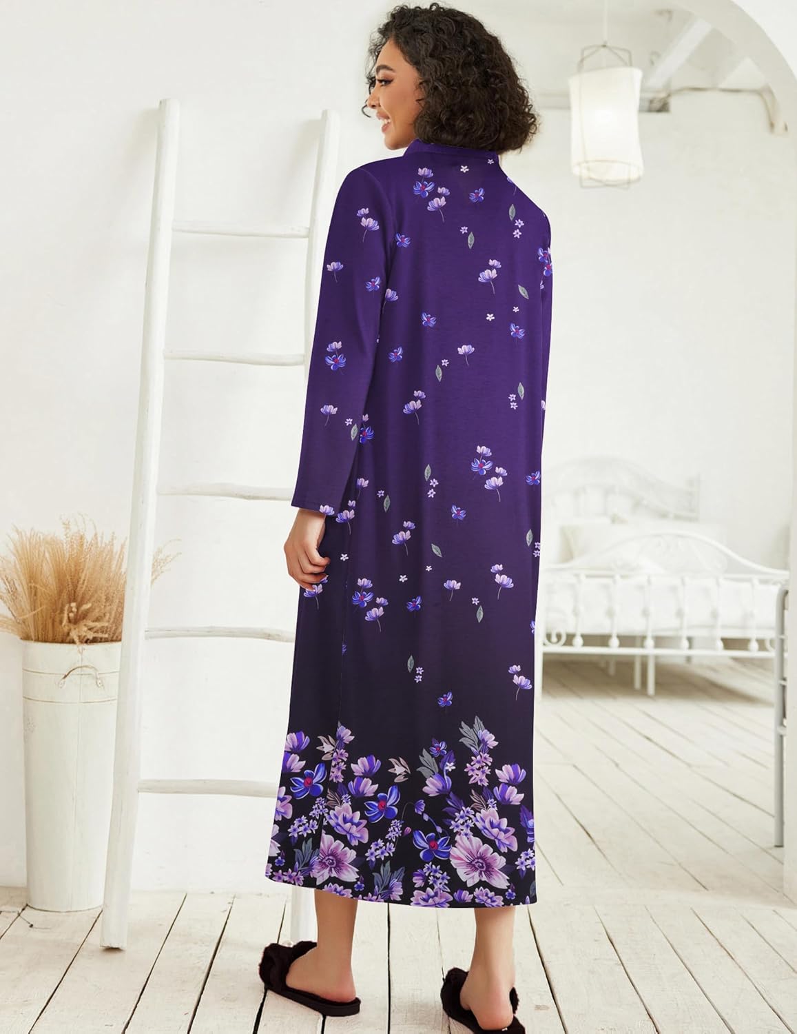 Ekouaer Women Zipper Robe Long Sleeve Loungewear Lightweight Housecoat Full Length Nightgown with Pockets