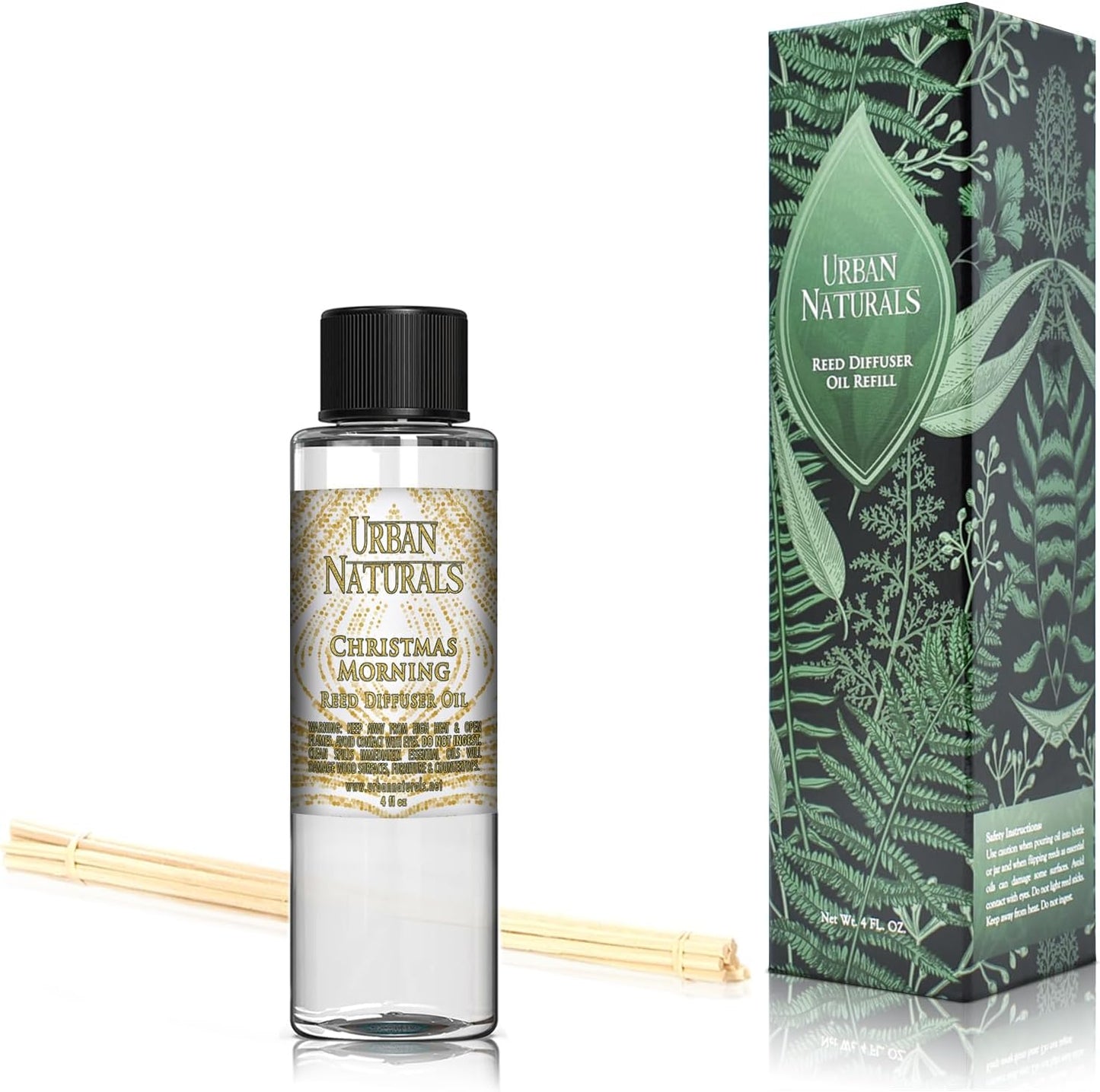 Urban Naturals Reed Diffuser Oil Refill Christmas Morning, Rosemary, Eucalyptus, Balsam Spruce, Orange, Essential Oils, 4 oz + Free Reed Sticks, Made in The USA
