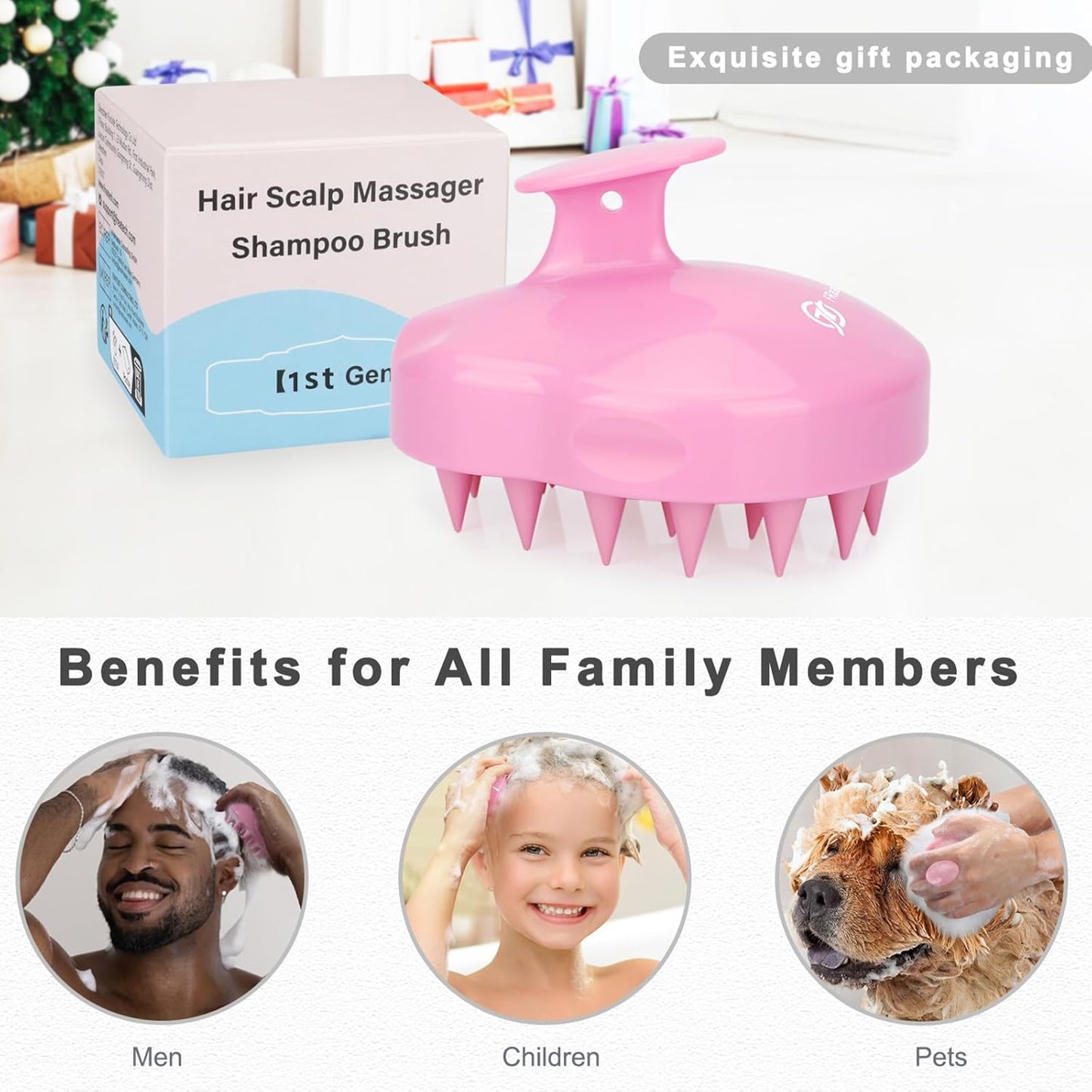 FREATECH Massager Shampoo Brush with Soft Silicone Bristles for Scalp Care, Shower Hair Scalp Scrubber Exfoliator for Dandruff Removal and Hair Growth, Wet & Dry for Men, Women and Kids, Pink