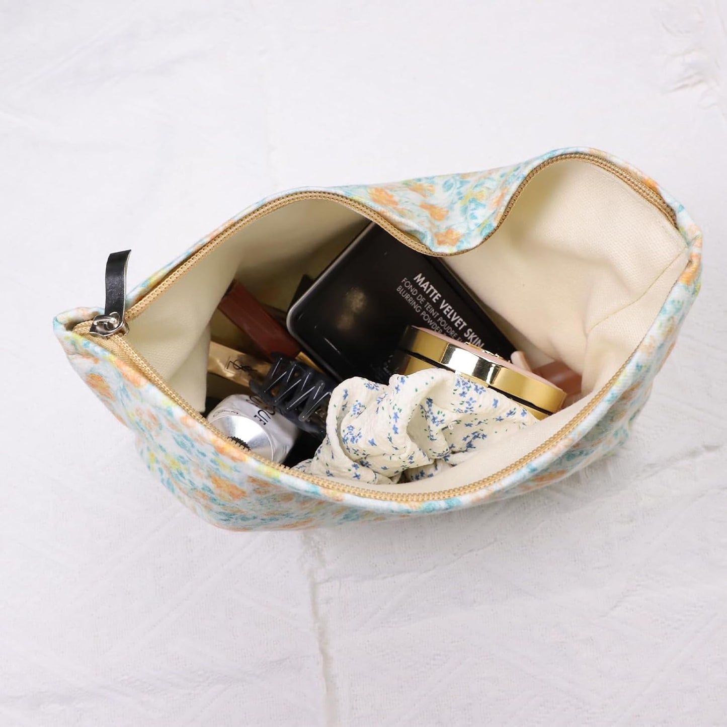 Wudygirl Aesthetic Cosmetic Bag Travel Toiletry Bag Makeup Bag Canvas Makeup Pouch Toiletry Bag for Women Large Capacity Makeup Bag Floral Pencil Pouch with Zipper (Yellow Floral)