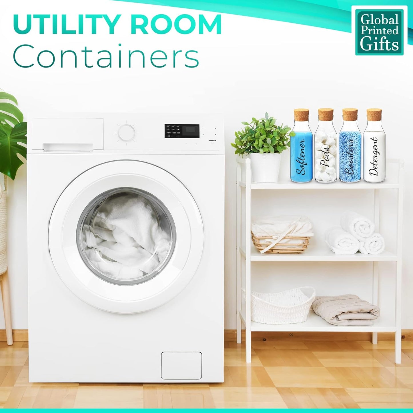 GPG Glass & Cork Storage Jars | 3Pcs Set Kitchen Storage Glass Bottles with Cork Stopper | 1L Softener Detergent Boosters (Set A, Font D)