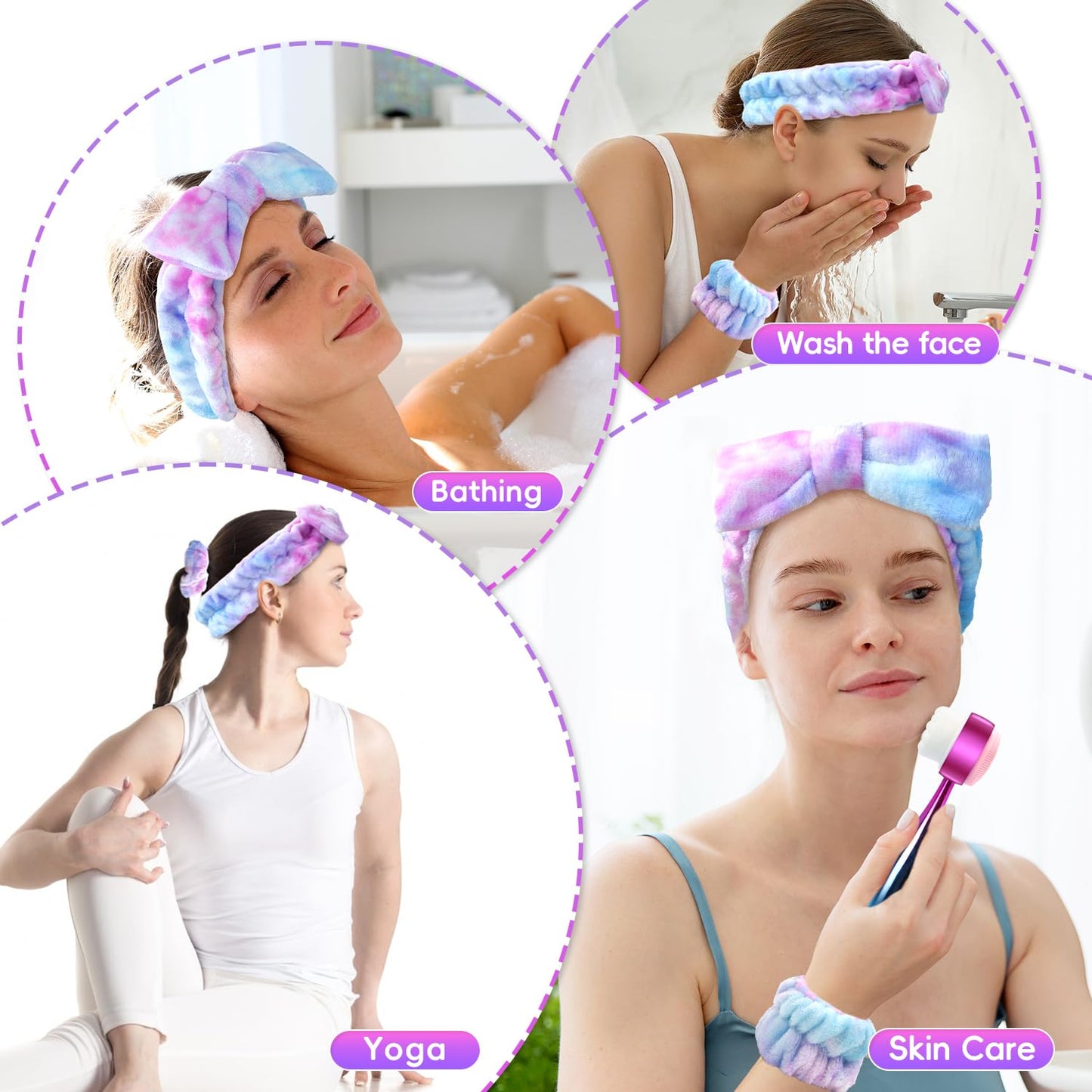 Facial Cleansing Brush, Headband for Washing Face with Silicone Double Side Manual Face Scrubber Brush, Skincare Headband and Wristband Set, 2 Hair Scrunchie, for Makeup Rainbow