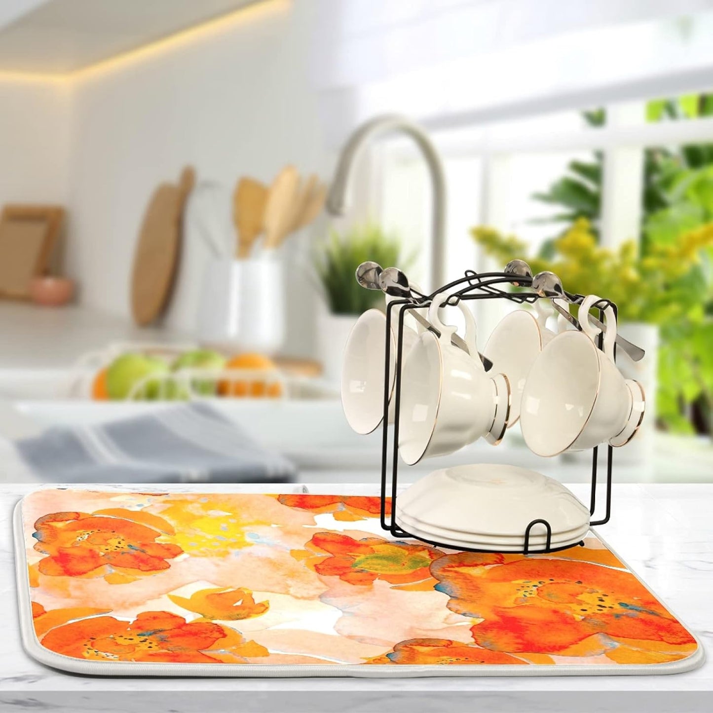 Dish Drying Mat for Kitchen Counter 18 x 16 Inch Corn Poppy Orange Flower Microfiber Dish Mat Drying Pad Absorbent Dishes Pad Dish Drainer Rack Mats