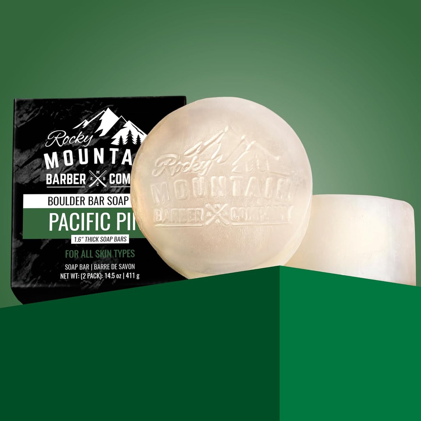 Men’s All-in-One Shampoo & Body Soap Bars – Extra Thick 1.6” Glycerin Hair & Body Soap - 2 Soap Bars - Pacific Pine Scent - with Oat Protein & Black Pine Essential Oil - Made in USA - 14.5 oz