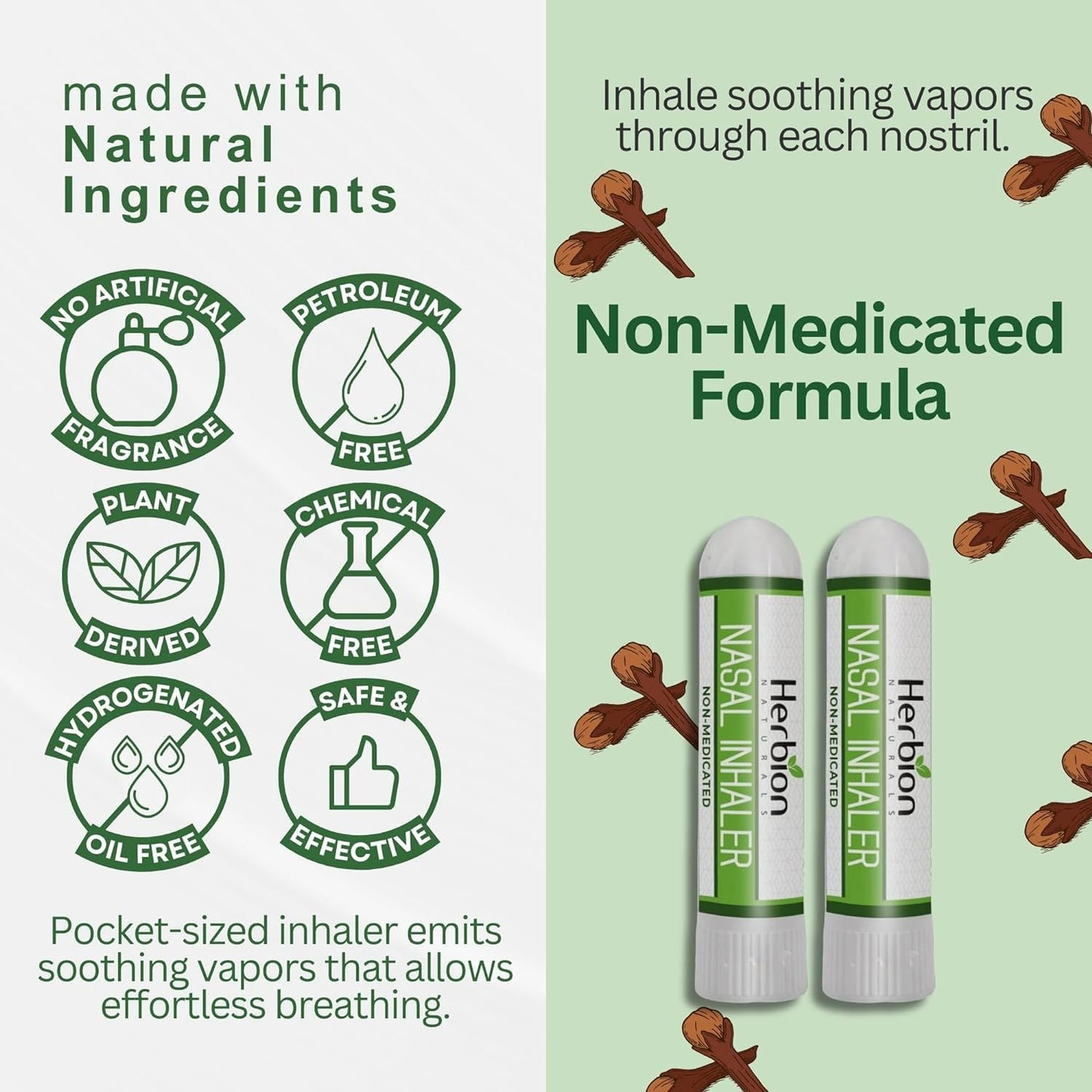 HERBION Naturals Nasal Inhaler, Natural Relief for Nasal Congestion & Sinus Pressure, Non-Medicated Sticks with Essential Oils, Menthol, Eucalyptus, Clove, Soothing Vapor, Easy Breathing, Pack of 2