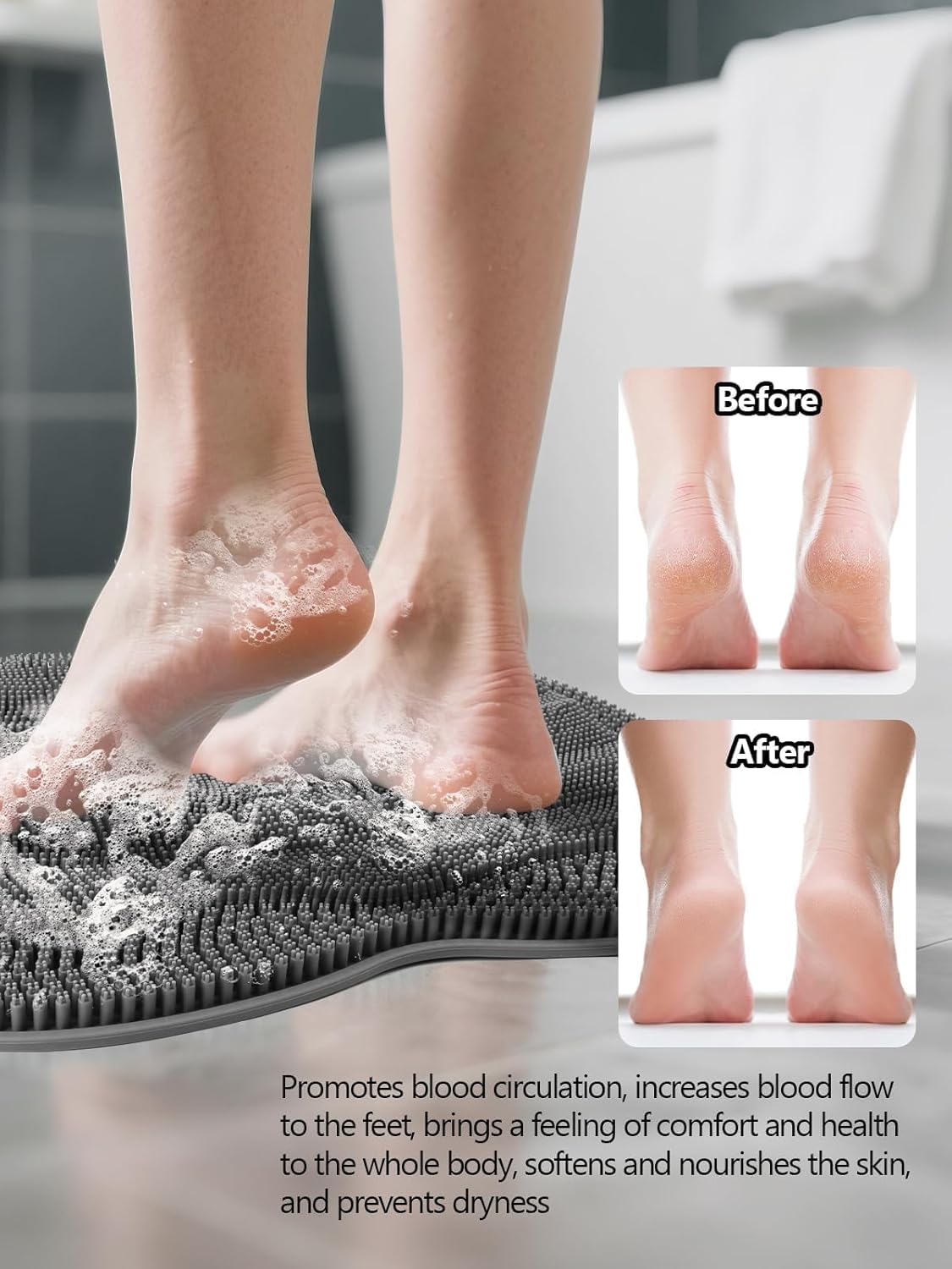 Kalolary Silicone Shower Foot Scrubber Mat, Large Foot Scrubber in Shower with Non Slip Suction Cups Foot Cleaner Brush to Clean Exfoliate and Massage Feet Without Bending Over Easy to Clean (Grey)