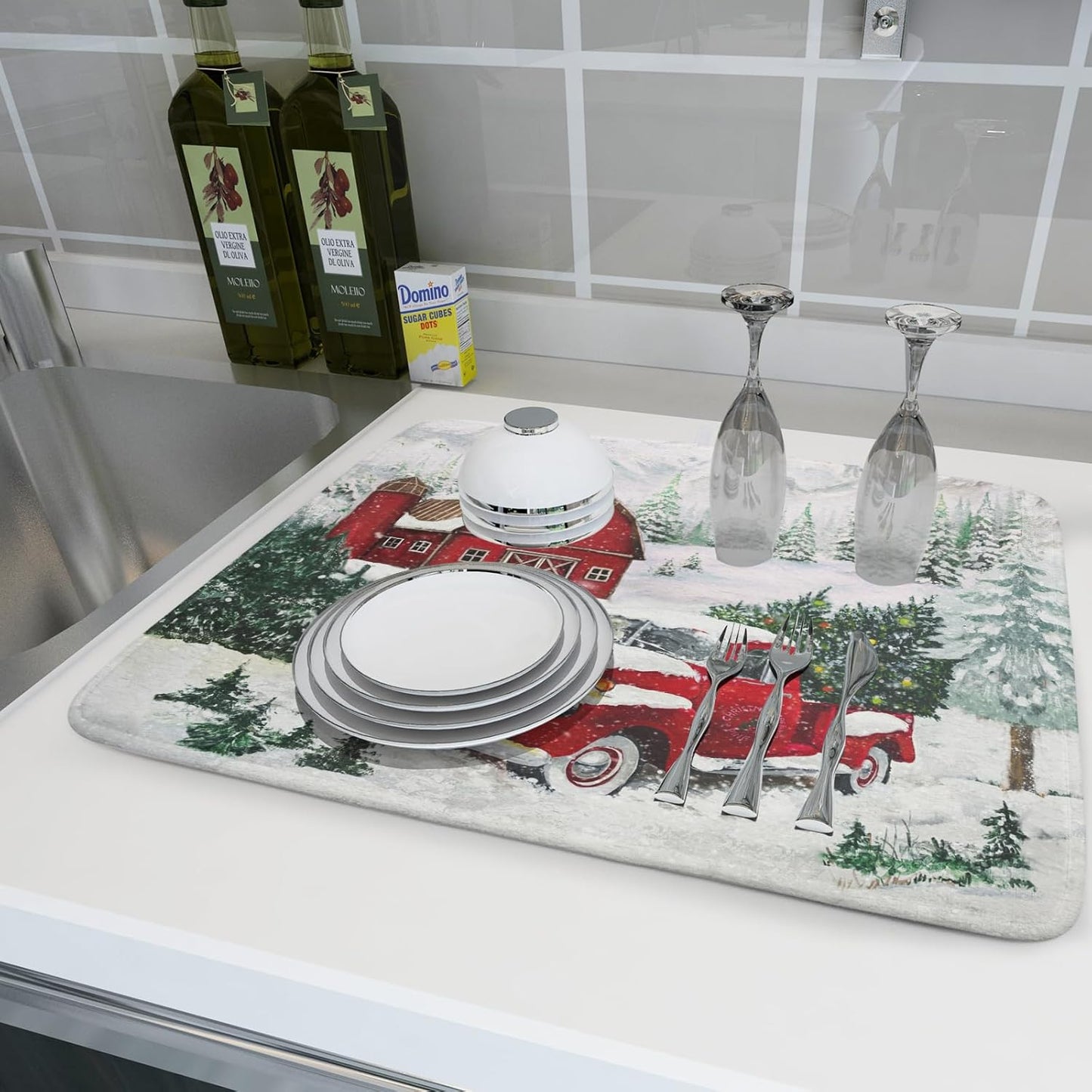 Winter Red Truck Dish Drying Mat Christmas Tree Dishes Pad 18x24 Inch Dish Drainer Rack Mats Absorbent Fast Dry Kitchen Holiday Accessories