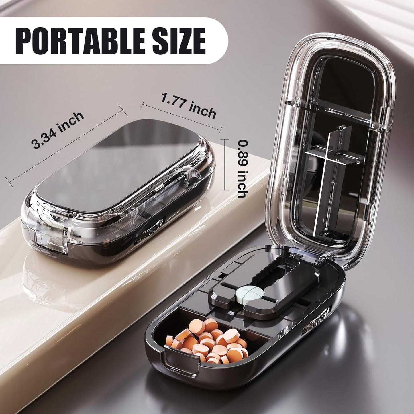 Portable Pill Cutter with Adjustable Slots – Multi Pill Splitter for Small & Large Tablets, Stainless Steel Blade, Clear Cut, Non-Slip Design, Easy to Use for Weekly Medication(Black, 1/4)