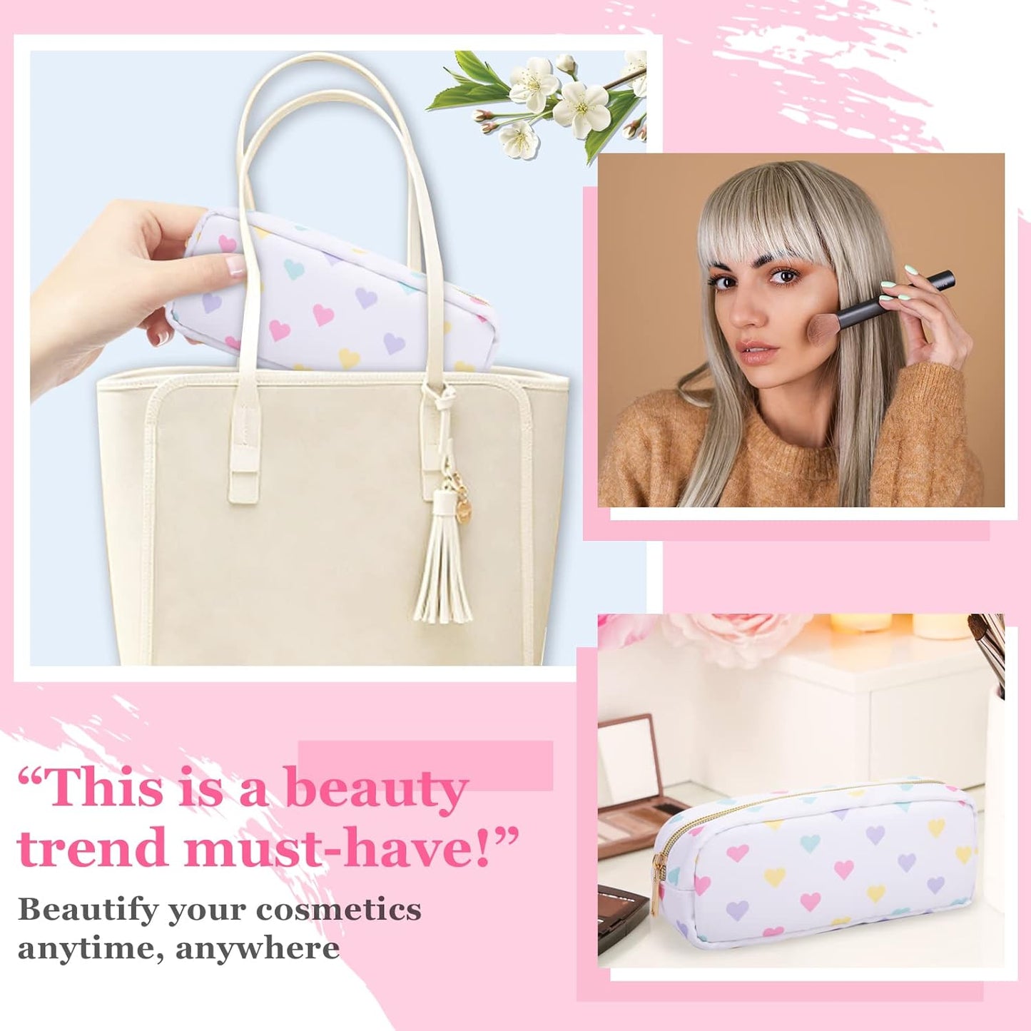 Nylon Small Makeup Bag, Slim Pink Makeup Brush Case, Preppy Cosmetic Zipper Pouch for Purse, Travel Toiletry Bag Clutch Coin Pouch Makeup Organizer for Women Girls (White Heart)