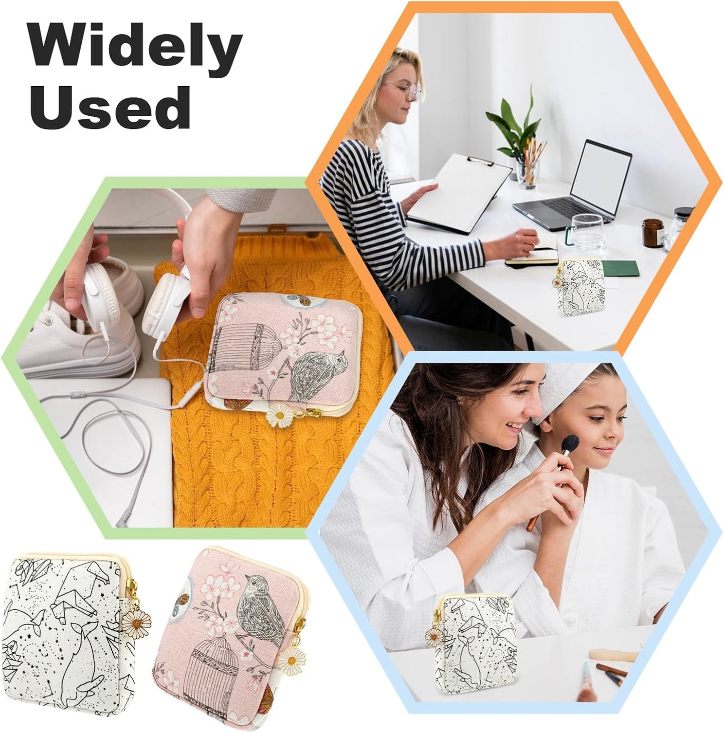 cobee 2PCS Sanitary Pad Storage Bag, Cute Sanitary Napkin Storage Purses Portable Period Bag with Daisy Zipper Panty Liner Tampon Menstrual Cup Nursing Pad Holder Pouch for Girls Women Travel(Bird)