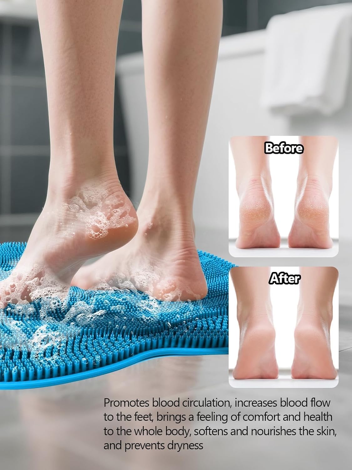 Kalolary Silicone Shower Foot Scrubber Mat, Large Foot Scrubber in Shower with Non Slip Suction Cups Foot Cleaner Brush to Clean Exfoliate and Massage Feet Without Bending Over Easy to Clean (Blue)
