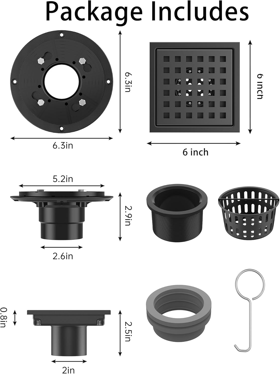 6 Inch Square Shower Drain SUS304 Stainless Steel Bathroom Floor Drain Strainer, Hair Catcher, Anti-Clog, Rust-Resistant, Fast Drainage (Matte Black)