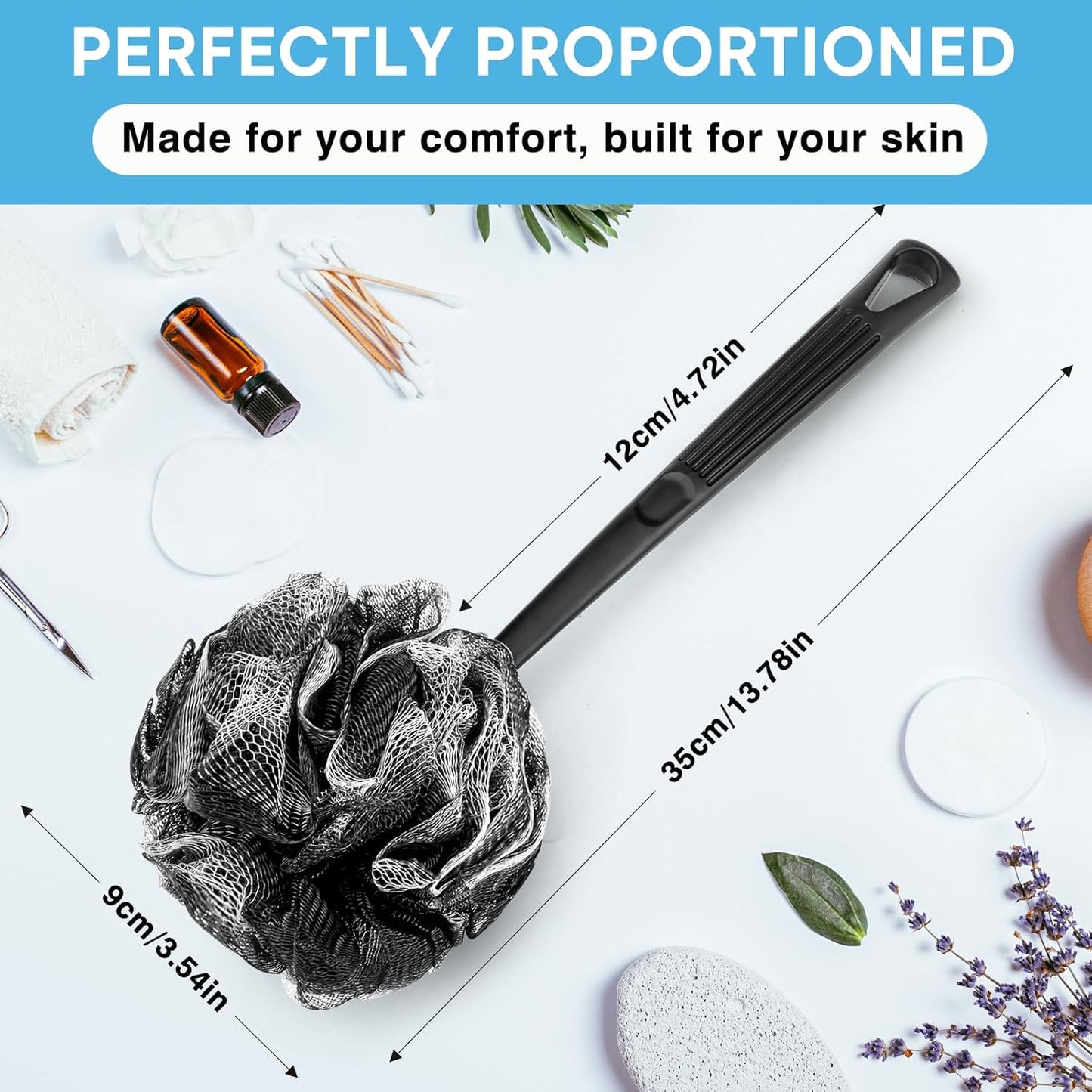 Loofah with Handle & Shower Brush Charcoal 2 Pack- Back Scrubber for Shower for Men & Women, Body Brush Ideal for Exfoliation, Back Loofah for Shower with Bath Brush, Long Handle for Shower Back Brush