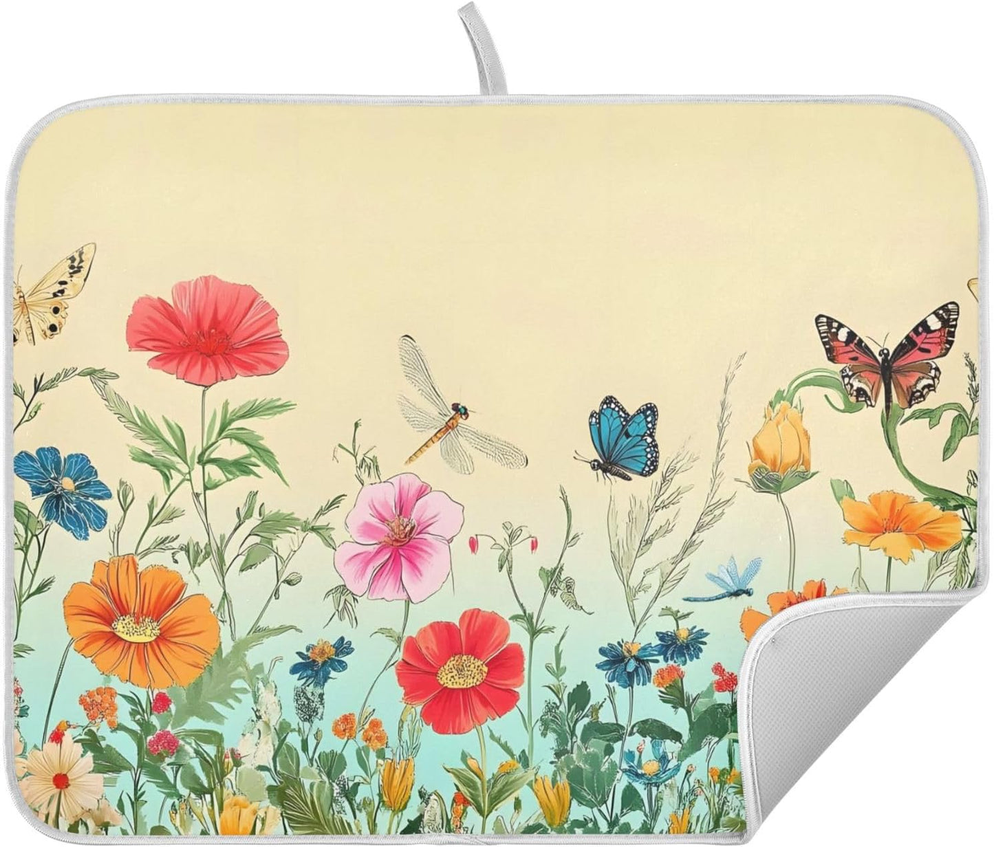 Dragonfly Butterfly Tulip Flower Dish Drying Mats for Kitchen Counter Absorbent Microfiber Dish Drying Matt 16 x 18 Inch Draining Reusable Rack Pad