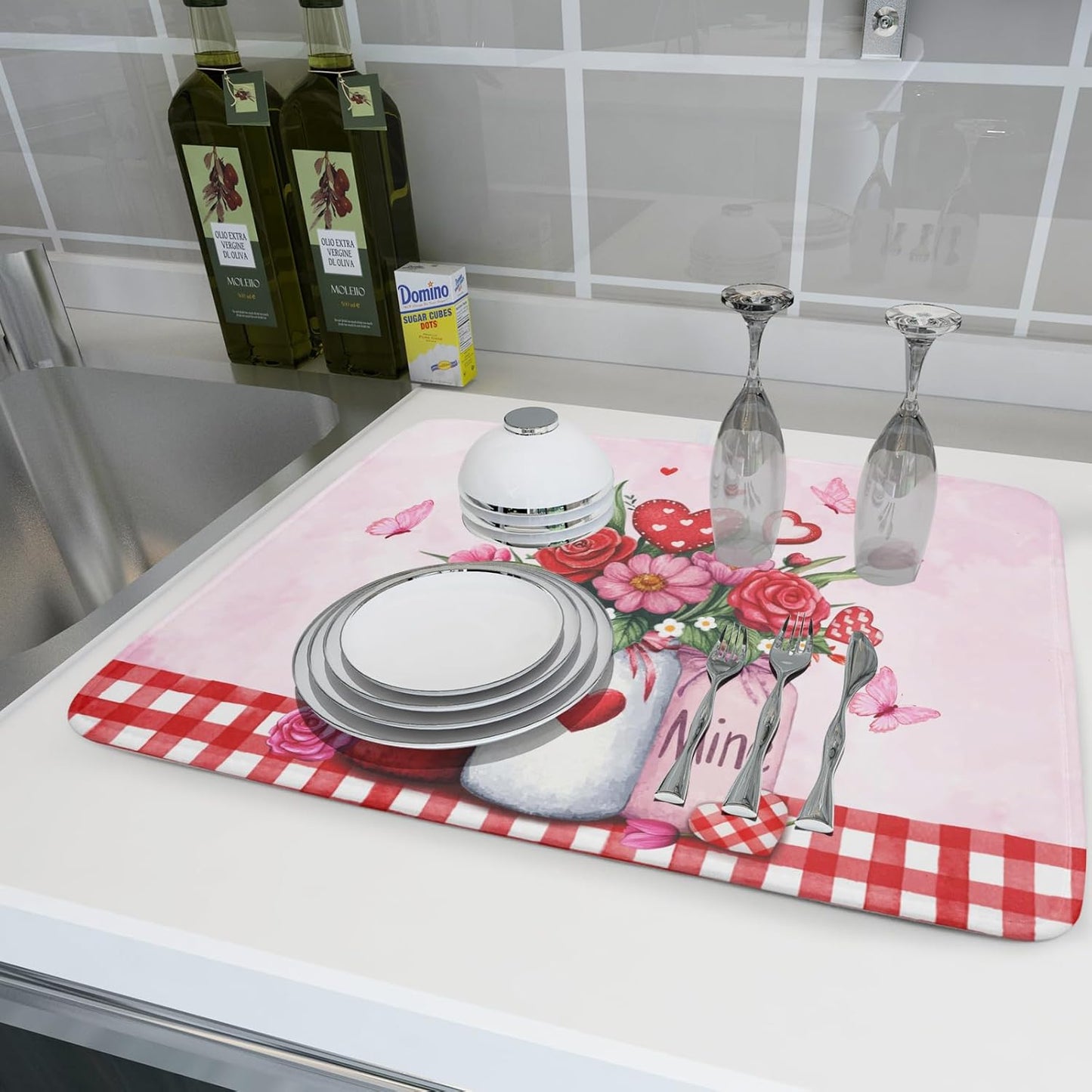 Rose Vase Dish Drying Mat 18x24 inch Romantic Floral Washable Absorbent Dish Dry Pad Fast Dry Drainer Rack Mats Kitchen Counter Accessories