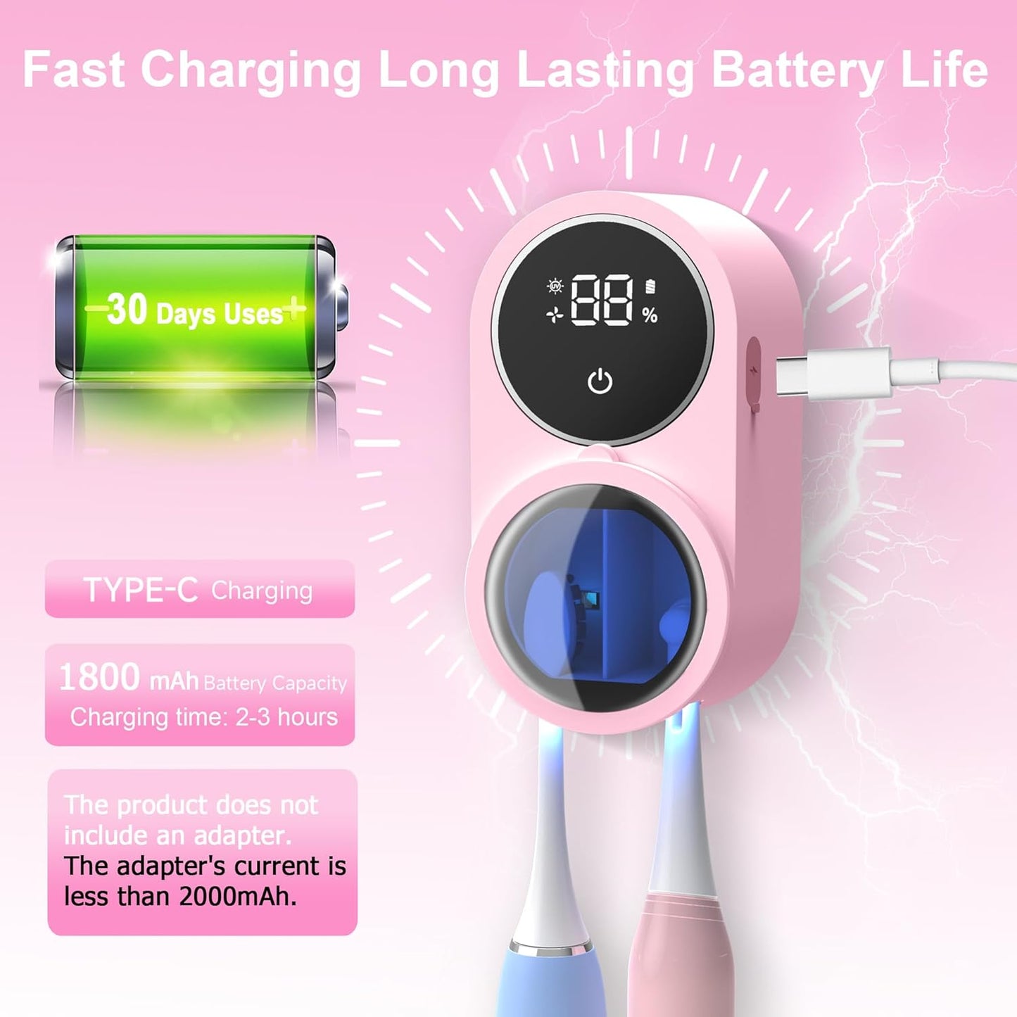 Toothbrush Holder and Cleaner for Bathroom Light Cleaning Fan Drying Round in Circle Automatic Rotating Cover Wall Mounted Smart Home Gadgets (03 Pink)