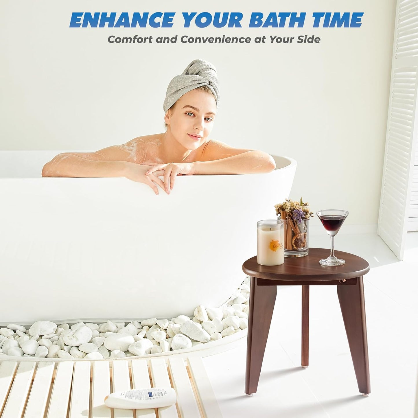 BLUEWEST Shower Foot Stool for Shaving Legs, Acacia Wood Shower Foot Rest (Walnut, Round Seat)