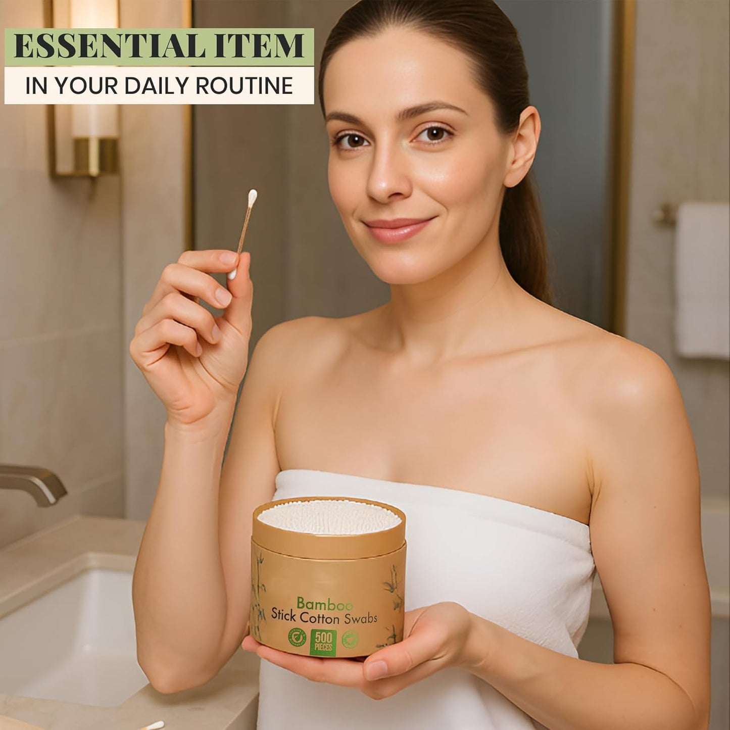 Natural Bamboo Cotton Swabs for Ears β 500 Pack β Qtips with Carbonized Bamboo for Durability β Eco-Friendly, Biodegradable & Vegan β 100% Cotton Ear Swabs for Makeup (Cylinder Box)