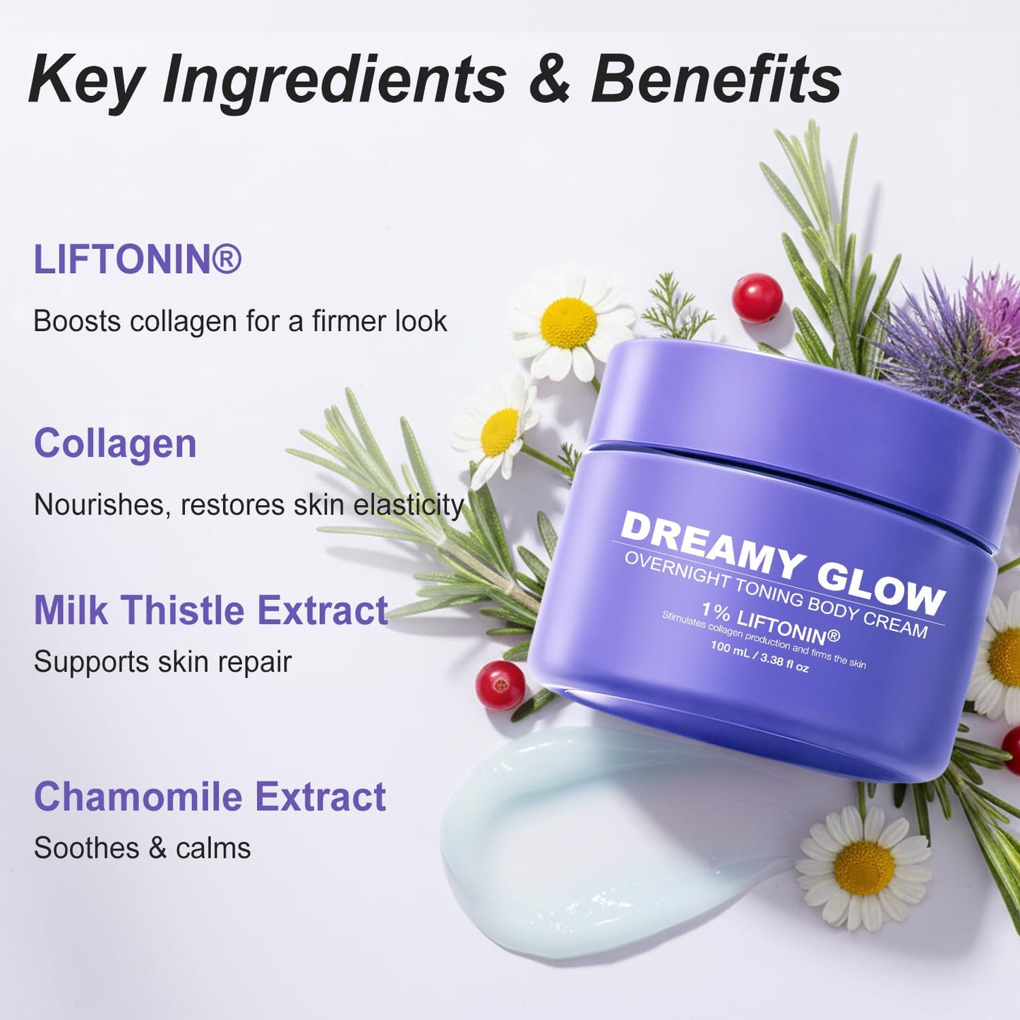 Dreamy Glow Overnight Toning Whip Cream – Anti Cellulite & Tightening Loose Skin for Body – LIFTONIN® Get Firming Cream with Satin Eye Mask 3.38 fl oz
