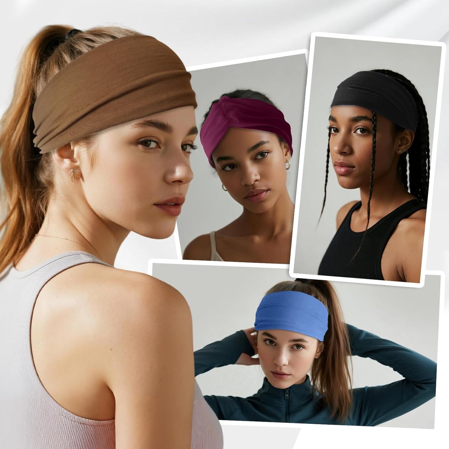 Headbands for Women, Non Silp Wide Hair Bands, Elastic Thick Head Bands, Stretchy Soft Sports Sweat Bands for Spa Workout Running Gym, Cotton Cloth Band 6Pcs GrayBurgundyGreenBlackCoffeeNavy