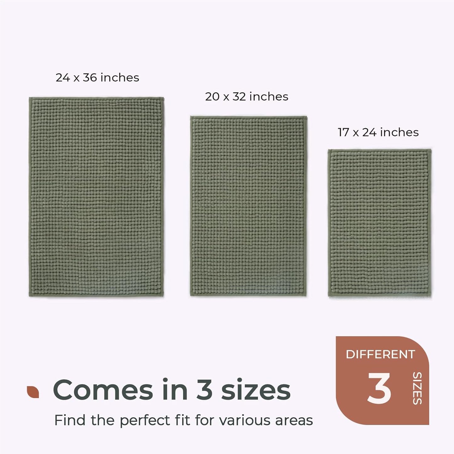 FRESHMINT Thick Chunky Chenille Bathroom Rug, 17"x24", Non Slip Bath Mat, Soft Bathroom Decor, Cute Shower Mat, Water Absorbent, Washable, Sage Green