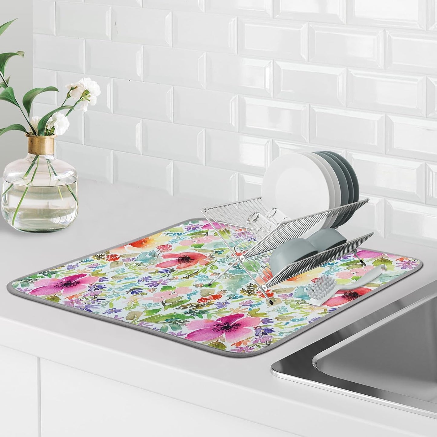 SHIYUE Dish Drying Mat for Kitchen Counter Super Absorbent Spring Kitchen Decor Microfiber Drying Matainers Rack Fast Pad Dish Drainer Mats(Watercolor Floral,18''x24'')