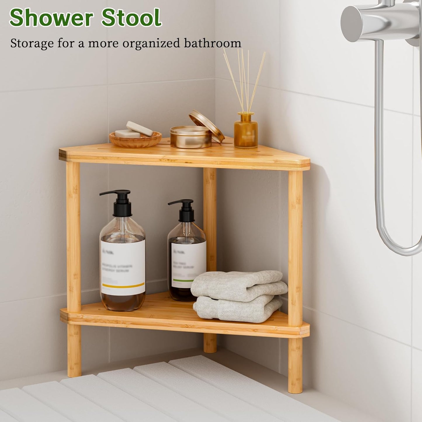 Bamboo Corner Shower Stool - Waterproof Shower Stool for Inside Shower, Shaving Legs & Small Spaces, 2-Tier Shower Foot Rest with Storage Shelf, Bath Seat & Corner Bench for Woman, Mom, Spa