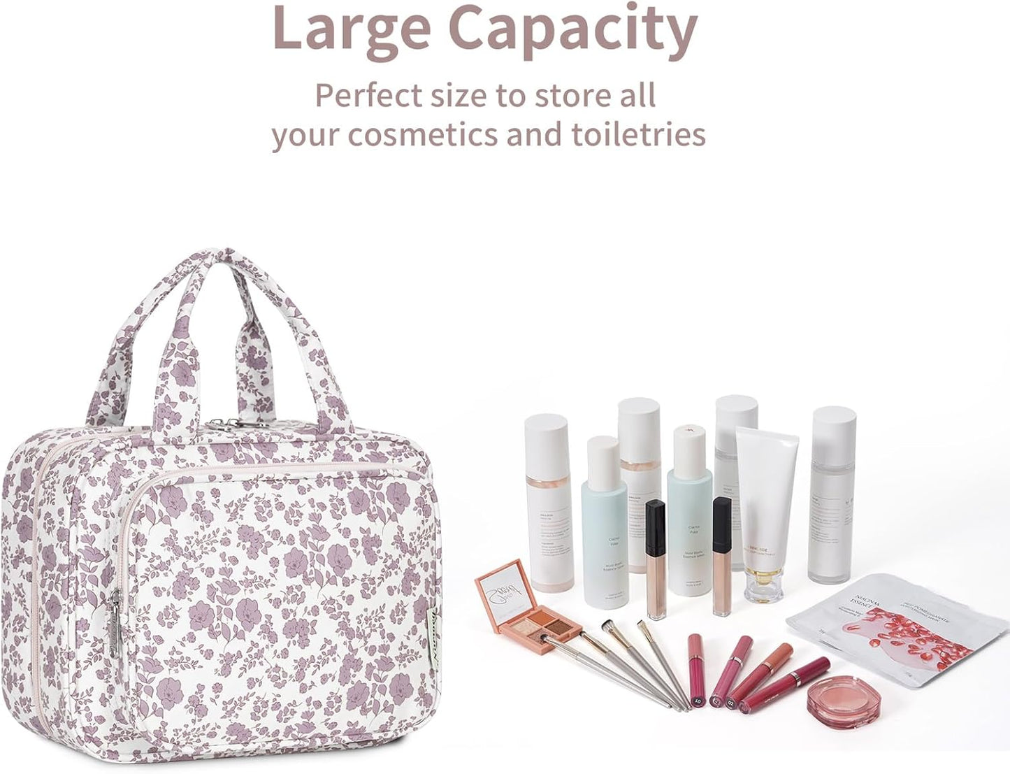 Narwey Hanging Floral Toiletry Bag for Women Travel Makeup Bag Organizer Toiletries Bag for Travel Size Essentials Accessories Cosmetics (Little Dusty Pink Flower (Medium))