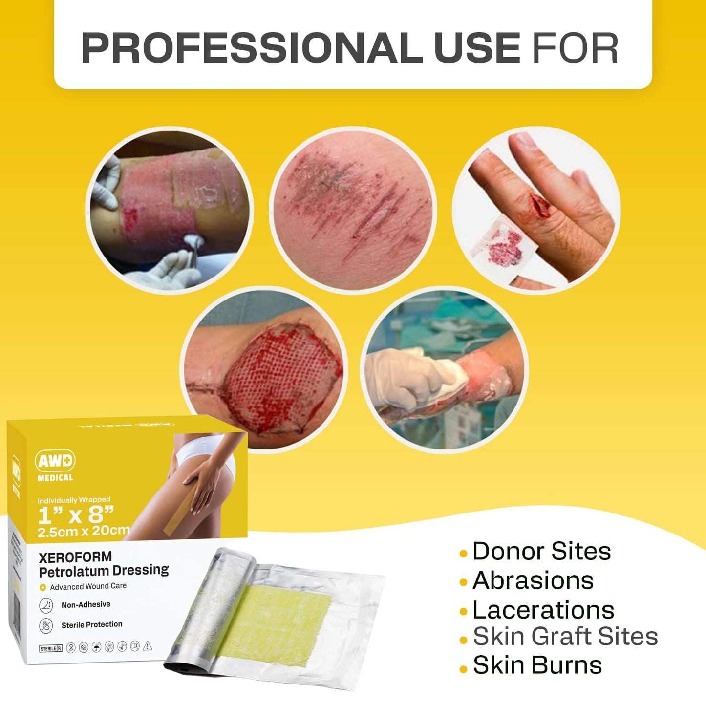 AWD Medical Xeroform Petrolatum Dressing - Non-Adhering Gauze Pad - Fine Mesh Gauze Patch Sterile - Healthcare Supplies for Wound Care, Burns, Lacerations, & Skin Grafts Aide (Box of 50) (1"x8")