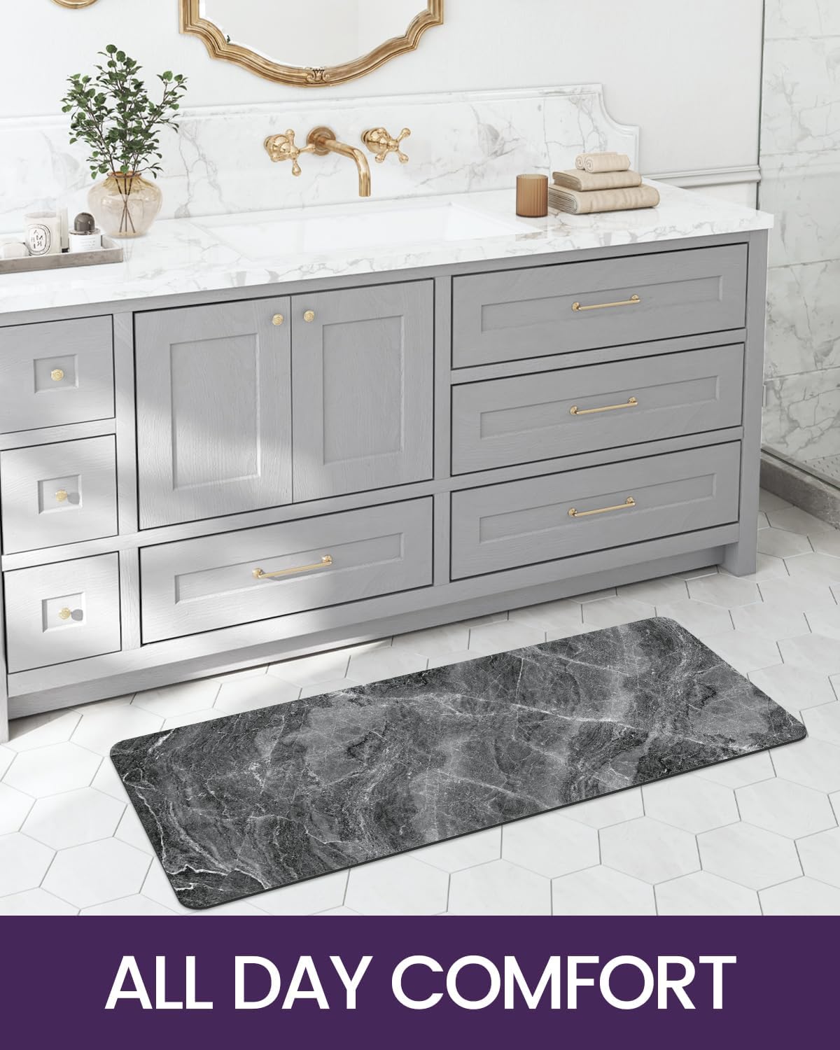 DEXI Bath Mat 17x43, Non Slip Quick Dry Rugs, Super Absorbent Ultra Thin Marble Bathmat, Washable Rubber Mats for Shower Floor, in Front of Bathtub, Sink, Bathroom Accessories Decor, Dark Grey