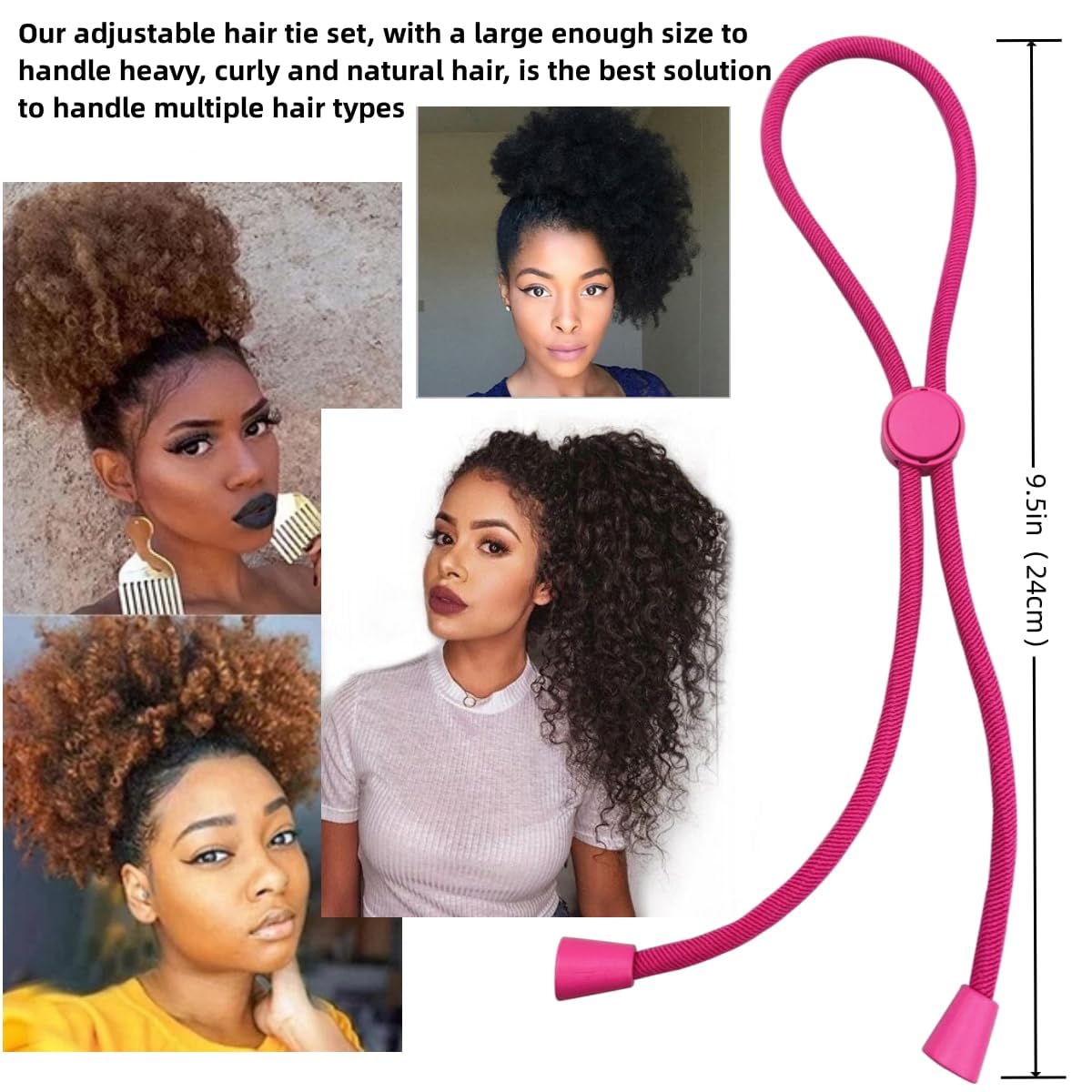 6pcs Pink Afro Hair Tie, Adjust Hair Ties for Thick Hair, Adjustable Headbands for Women, Hair Tie for Curly Hair, Large Adjustable Length Satin Hair Ties for Afro Puff