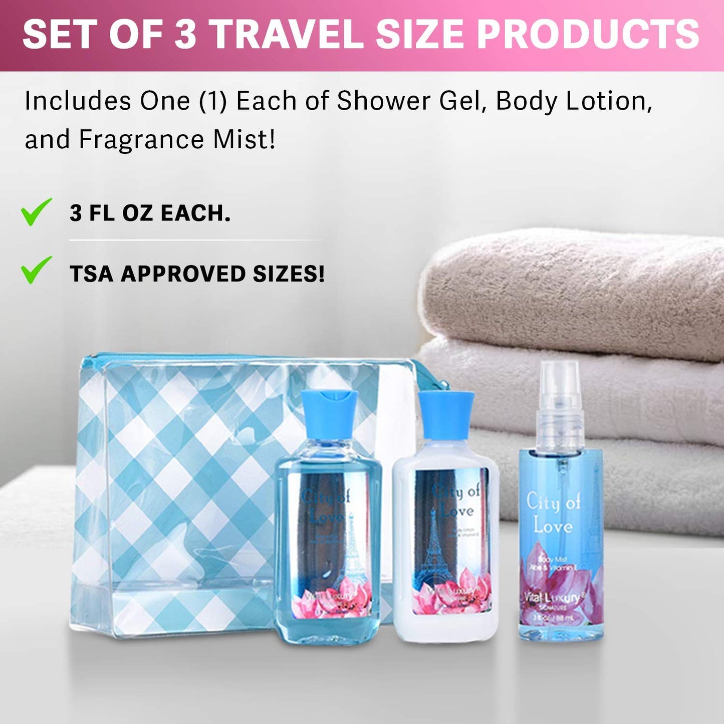 Bath & Body Care Travel Set - Home Spa Set with Body Lotion, Shower Gel and Fragrance Mist, Personal Body Care Travel Set (City of Love)