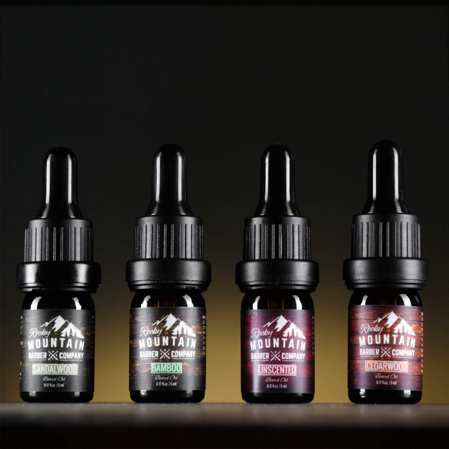 Rocky Mountain Barber Company Beard Oil Sample Size Pack - 4 Unique Beard Oil Varieties (0.17 oz each) - Cedarwood, Sandalwood, Bamboo & Unscented – Contains Essential Oils