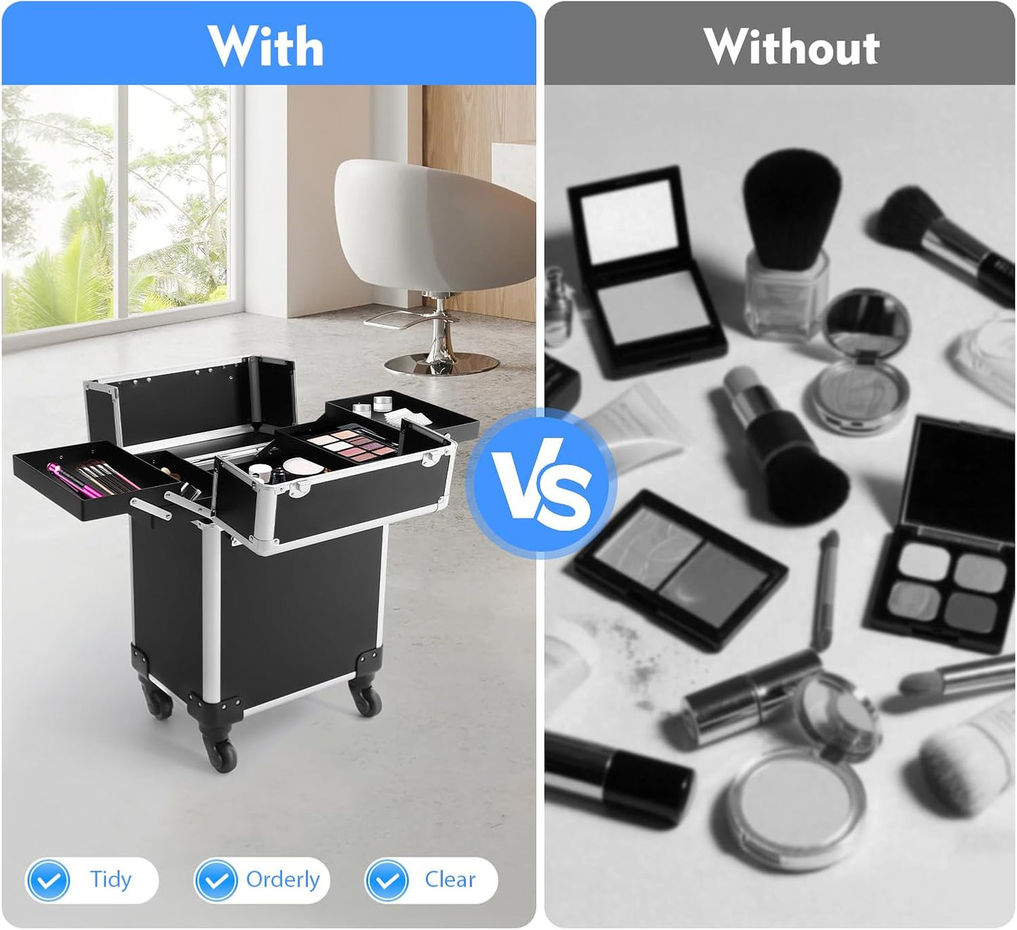 13.23lbs Lockable Makeup Train Case,Rolling Hairdressing Trolley,Beauty Salon Cosmetic Luggage with Universal Wheels for Hair Stylist,Make-up Artists (Black 7)