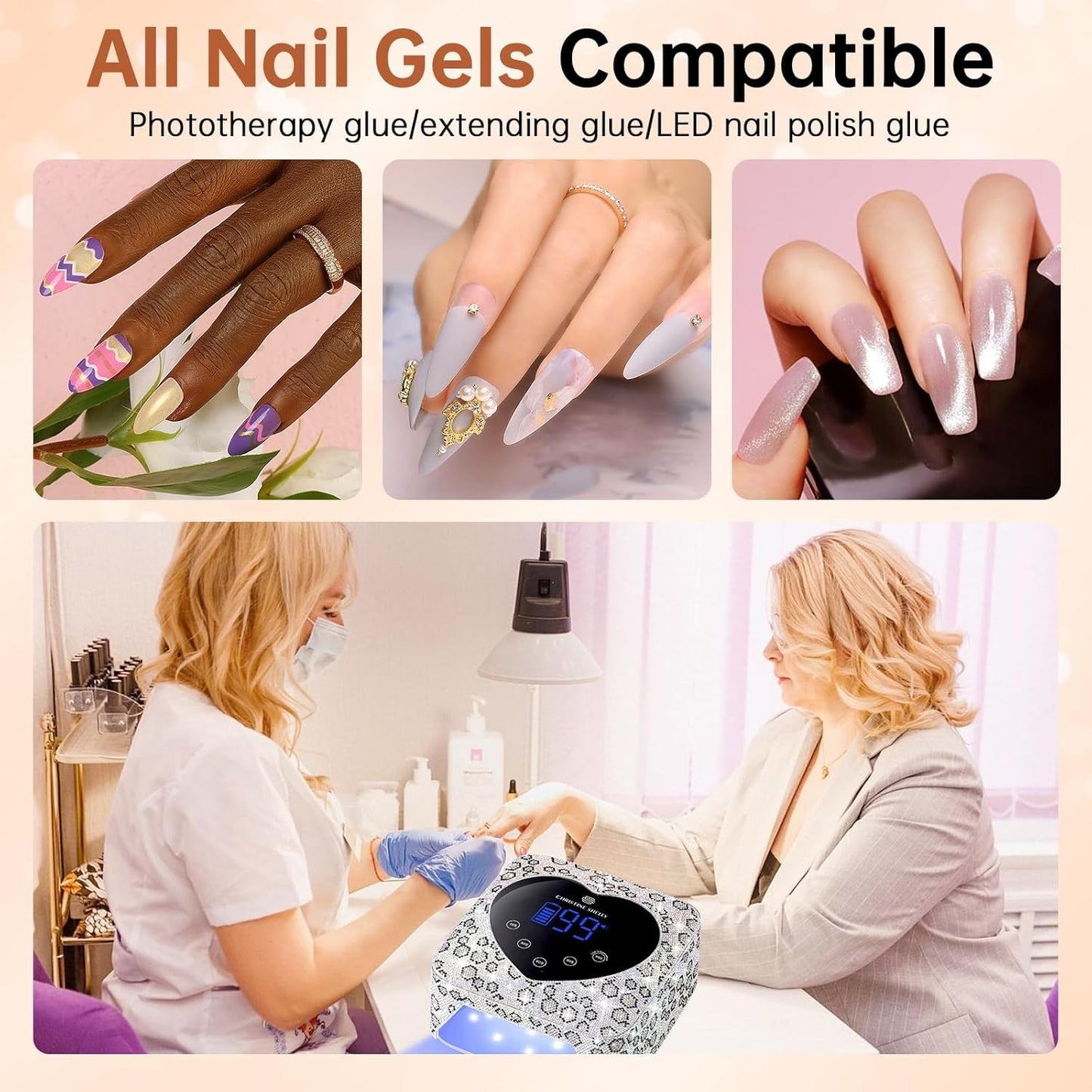 UV LED Nail Lamp 72W Rechargeable Sparkly Wireless Nail Dryer Gel Polish Light with 5 Timer Setting Professional Quick Dry Curing Lamp with Display Auto Sensor for Salon & Home