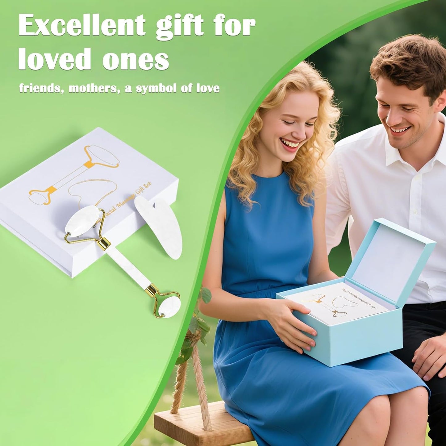 Jade Roller Gua Sha Tools - Nature Gua Sha Facial Tool Skin Tightening Face Massager Anti-Aging Jade Face Roller Puffiness Reducing Guasha Stone for Women Men (White)