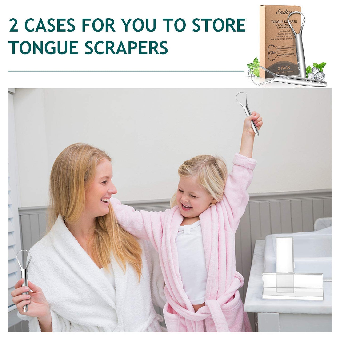 Tongue Scraper (2 Pack), Wide-head Tongue Cleaner with Nice Carrying Box, Easkep 100% Stainless Steel Tongue Scrapers Cleaners, for Men, Women, Adults, Kids,Silver