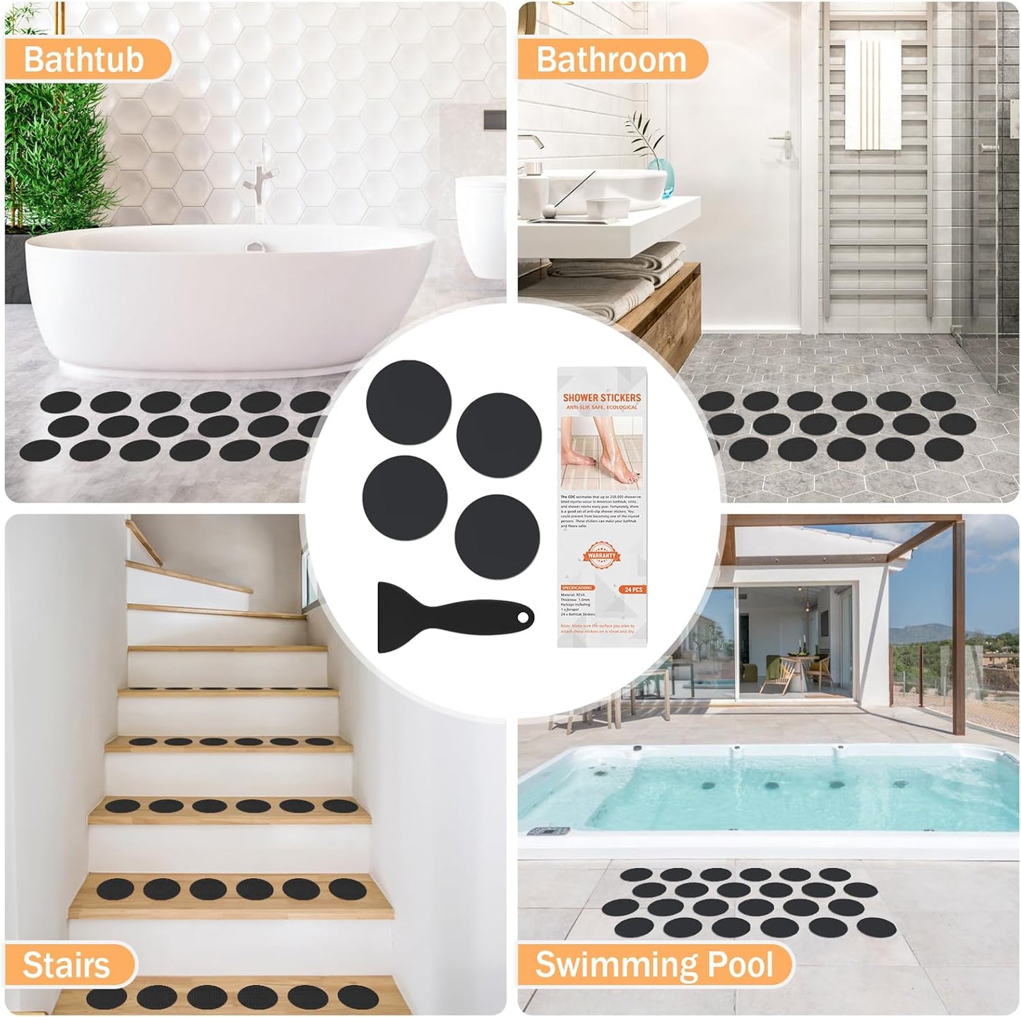 Non Slip Bathtub Stickers, 24 PCS Shower Stickers for Safety Bathroom Tubs, Bathtub Non Slip Stickers and Adhesive Decals Scraper for Bath Tub, Shower Floor, Stairs, Ladders(Round Shape,Black)