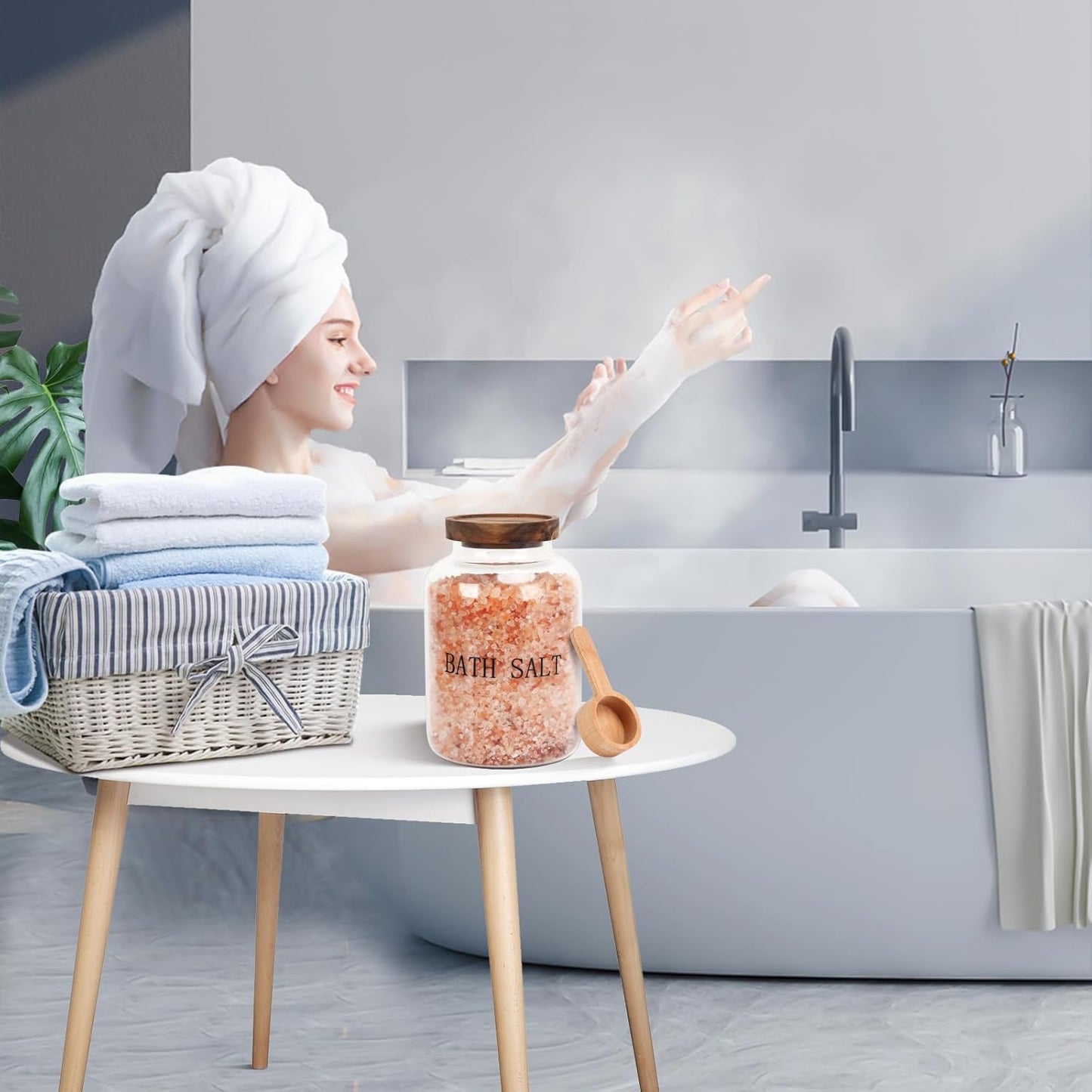 2Pcs 74 oz Glass Bath Salts Jar,Bath Salt Container with Wooden Lid and Scoop,Bathroom Organizers and Storage,for Bathroom Bath Decor,Home Decor,Bathtub Accessories for Women