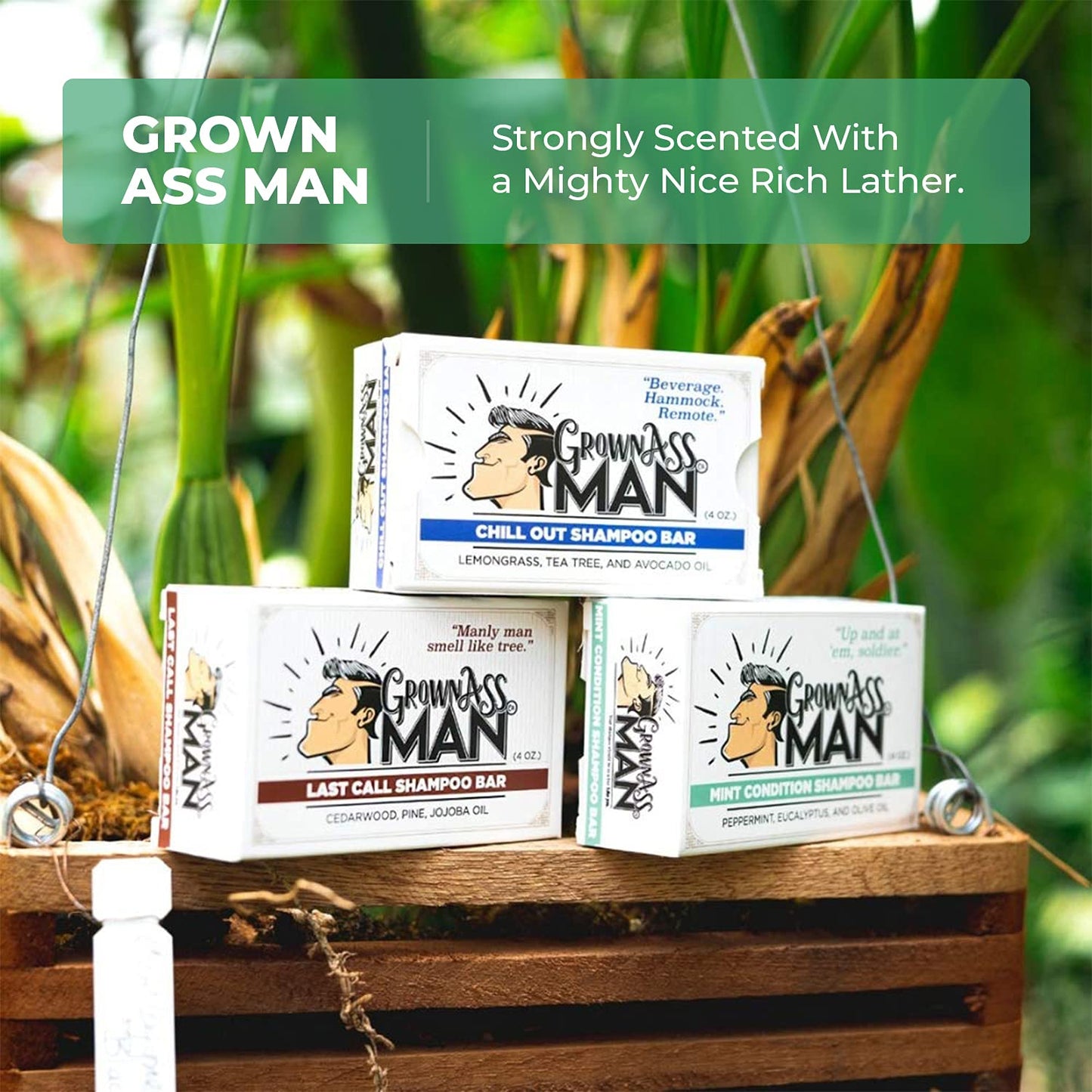Grown Ass Man Co. - Solid Shampoo Bar Rich Lather 3 in 1: Hair, Beard & Body Wash - Plastic Free & Eco-Friendly, Natural & Organic Clean for All Hair Types, 4oz Bar (Mint Condition, 6-Pack)