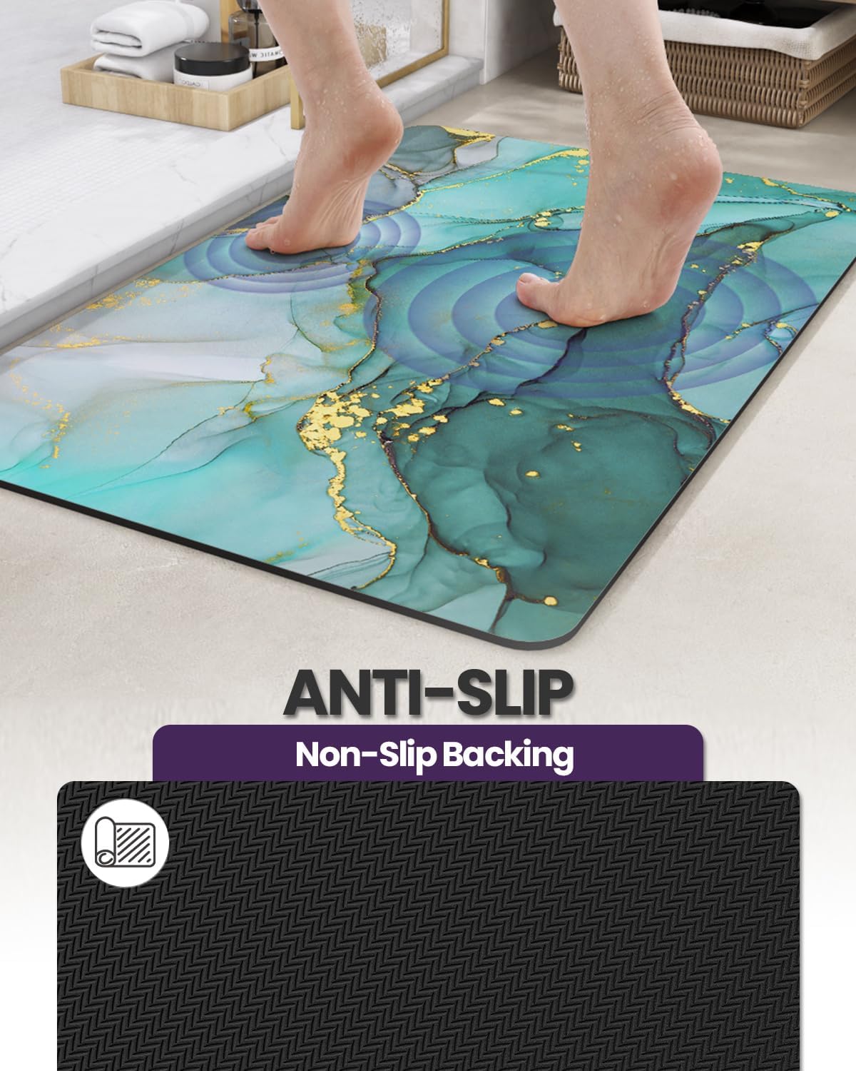 DEXI Bathroom Mat Ultra Thin, Non Slip Bath Rug for Shower Floor, Absorbent Quick Dry Marble Bathmats Low Profile, 17x43, Turquoise Green