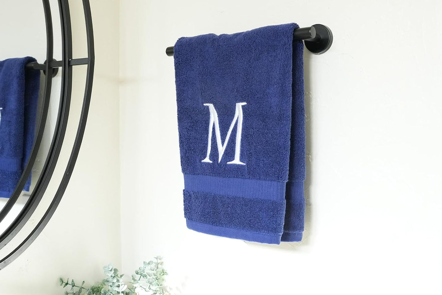 Navy Initial Hand Towel for Bathroom - Monogrammed Luxury Hotel Quality Decorative Embroidered Towel for Powder Room, Spa - GOTS Organic Certified - Pack of 2 - Letter M