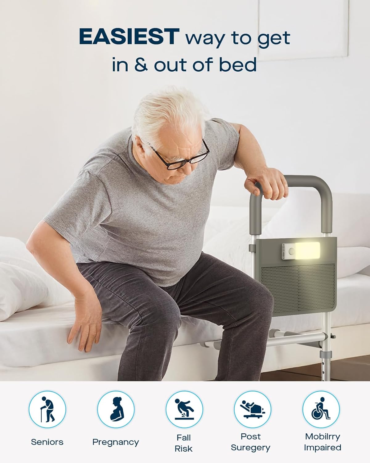 Bed Rails for Elderly Adults Safety, Adjustable Bed Assist Rail for Seniors with Motion Sensor LED Light & Storage Pocket, Non-Slip Handle Support Bar, Fits Twin/Full/Queen/King