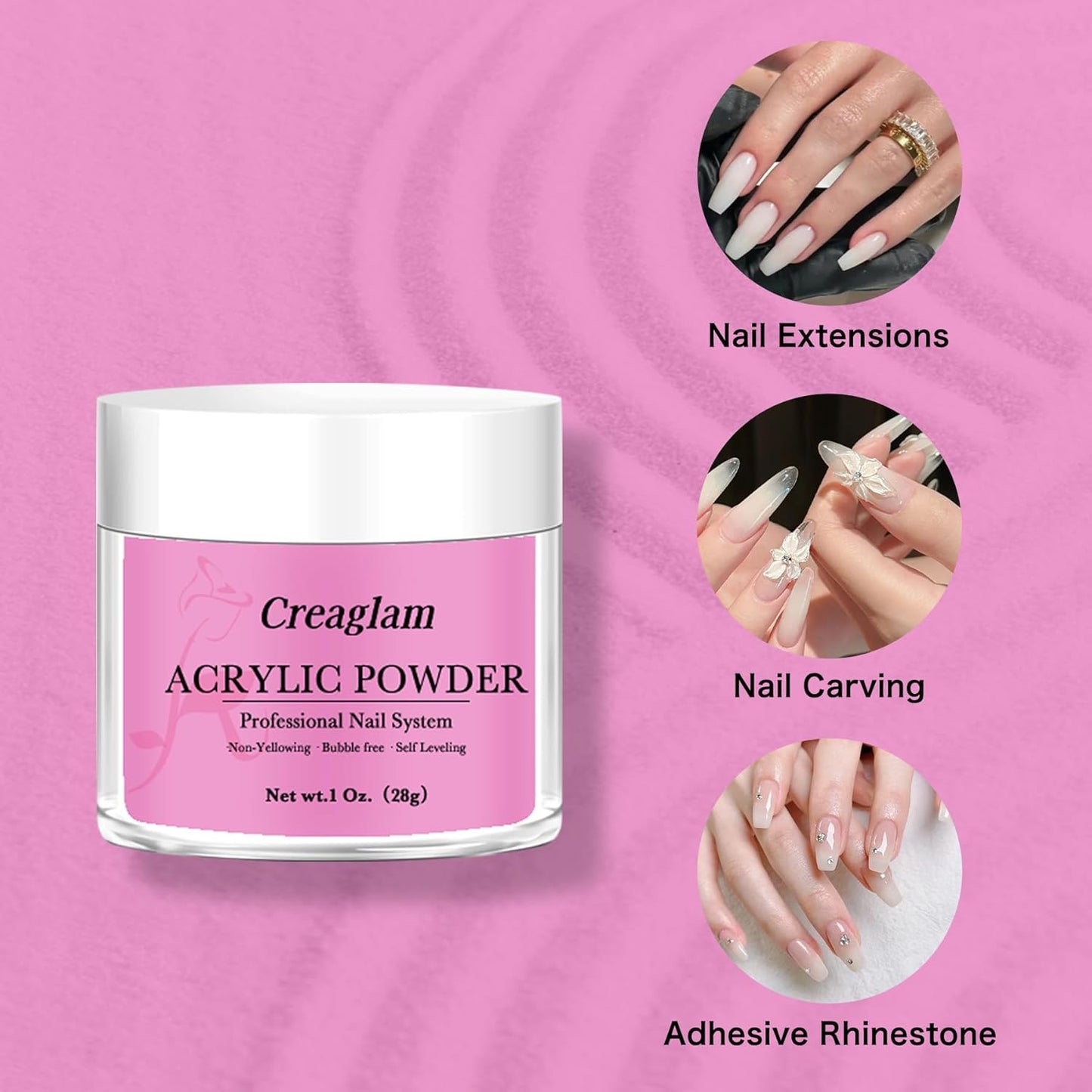 Acrylic Powder Large Capacity: 3Pcs 1 Oz. Orchid Glitter Super Nail Polymer for 3D Art Carving French Extension - 28g Pink-a-boo Phlox Pink Professional Acrylic Powder No Need Lamp